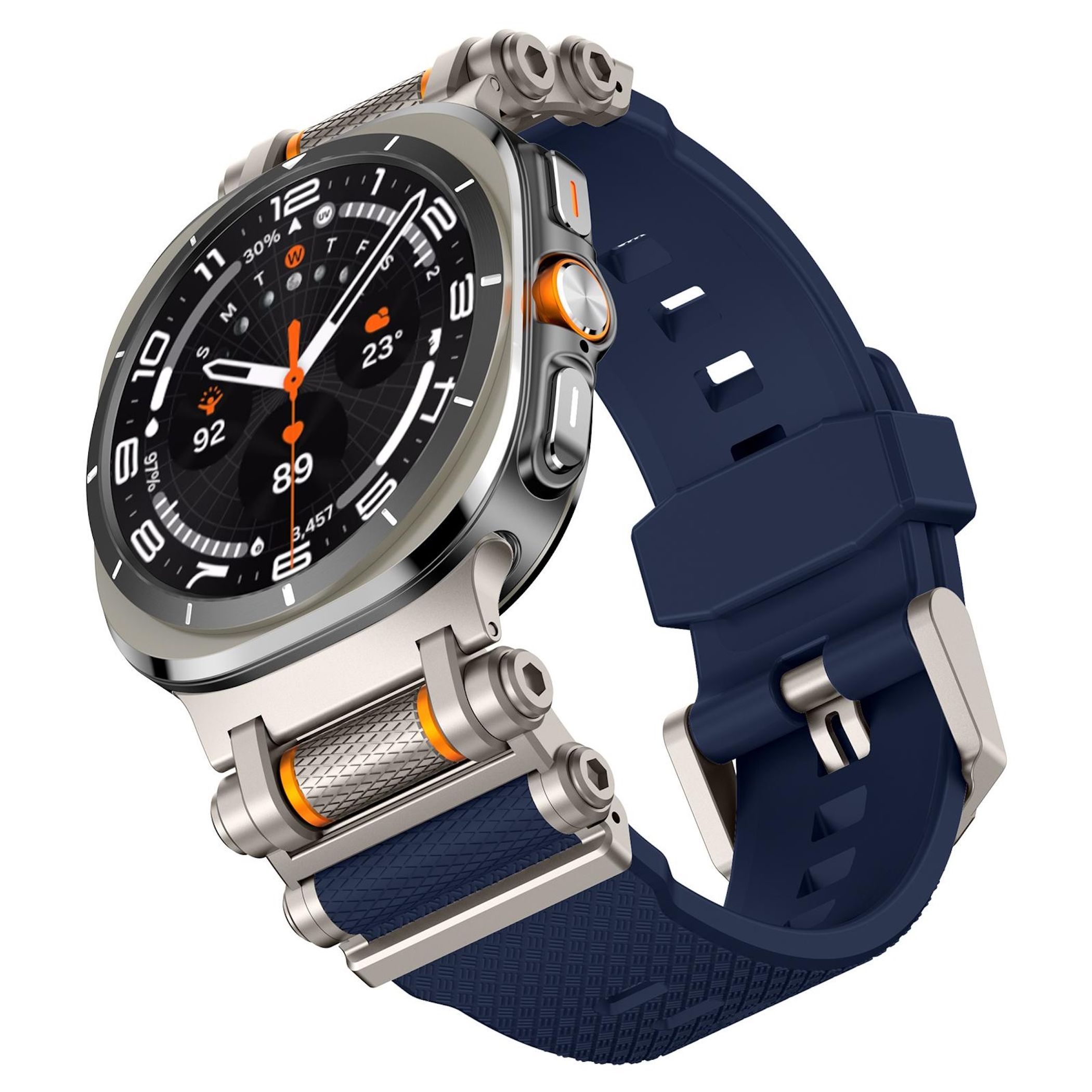 Smartwatch argentato con cinturino blu, display digitale mostra ora, temperatura, attività.