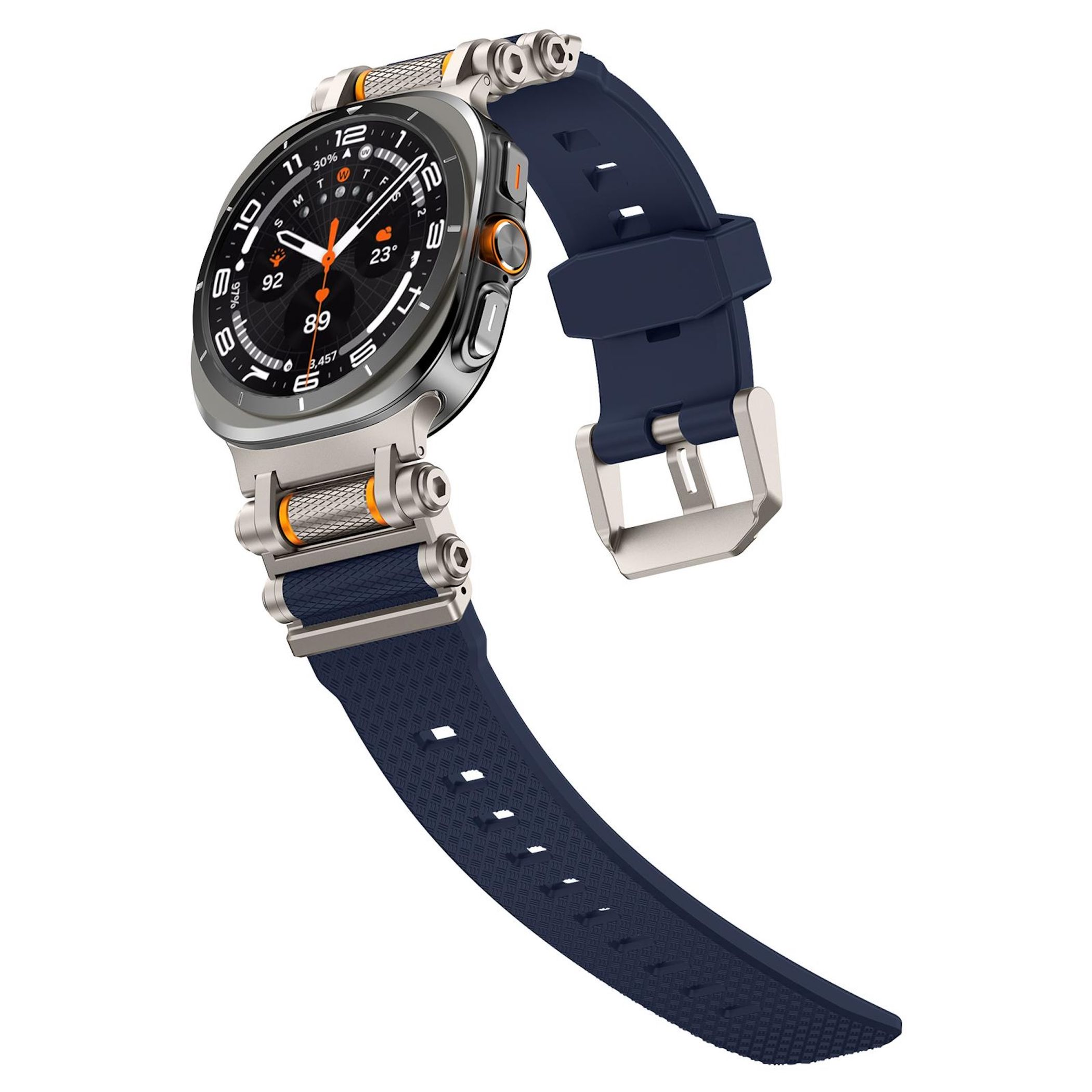 Uno smartwatch argentato con cinturino blu e accenti arancioni.