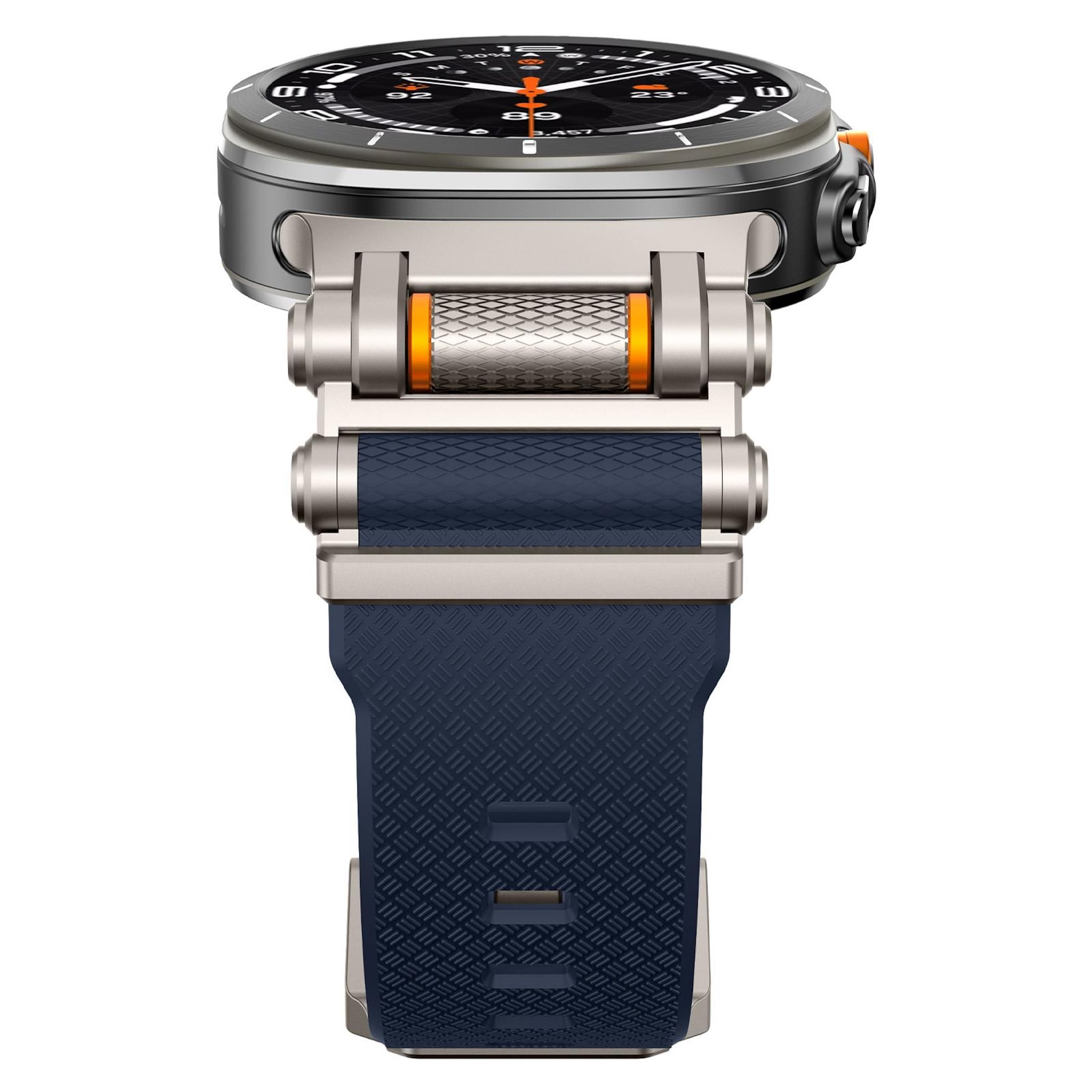 Primo piano di uno smartwatch con cassa argentata, accenti arancioni e cinturino blu scuro.