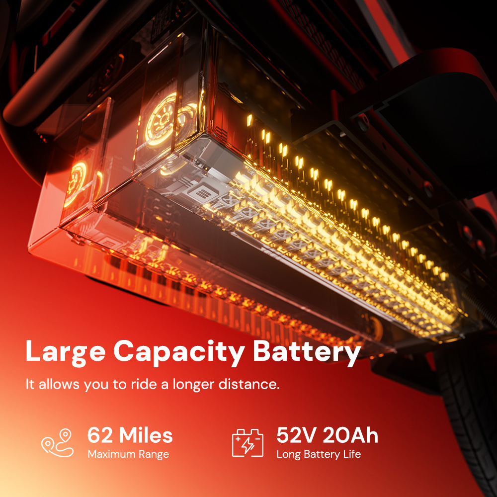 Primo piano di una batteria trasparente con luci dorate, autonomia 62 miglia.