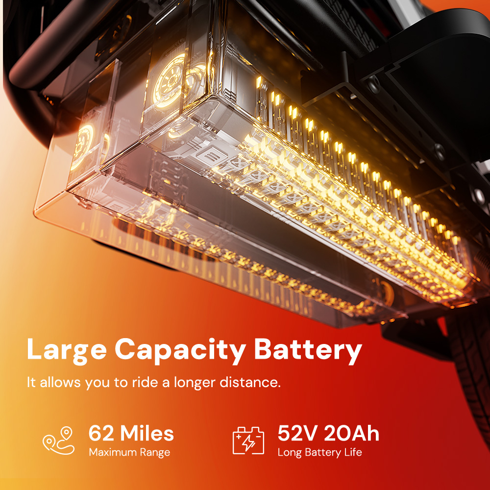 Primo piano di una batteria di grande capacità con luci gialle luminose, autonomia 62 miglia, 52V 20Ah.