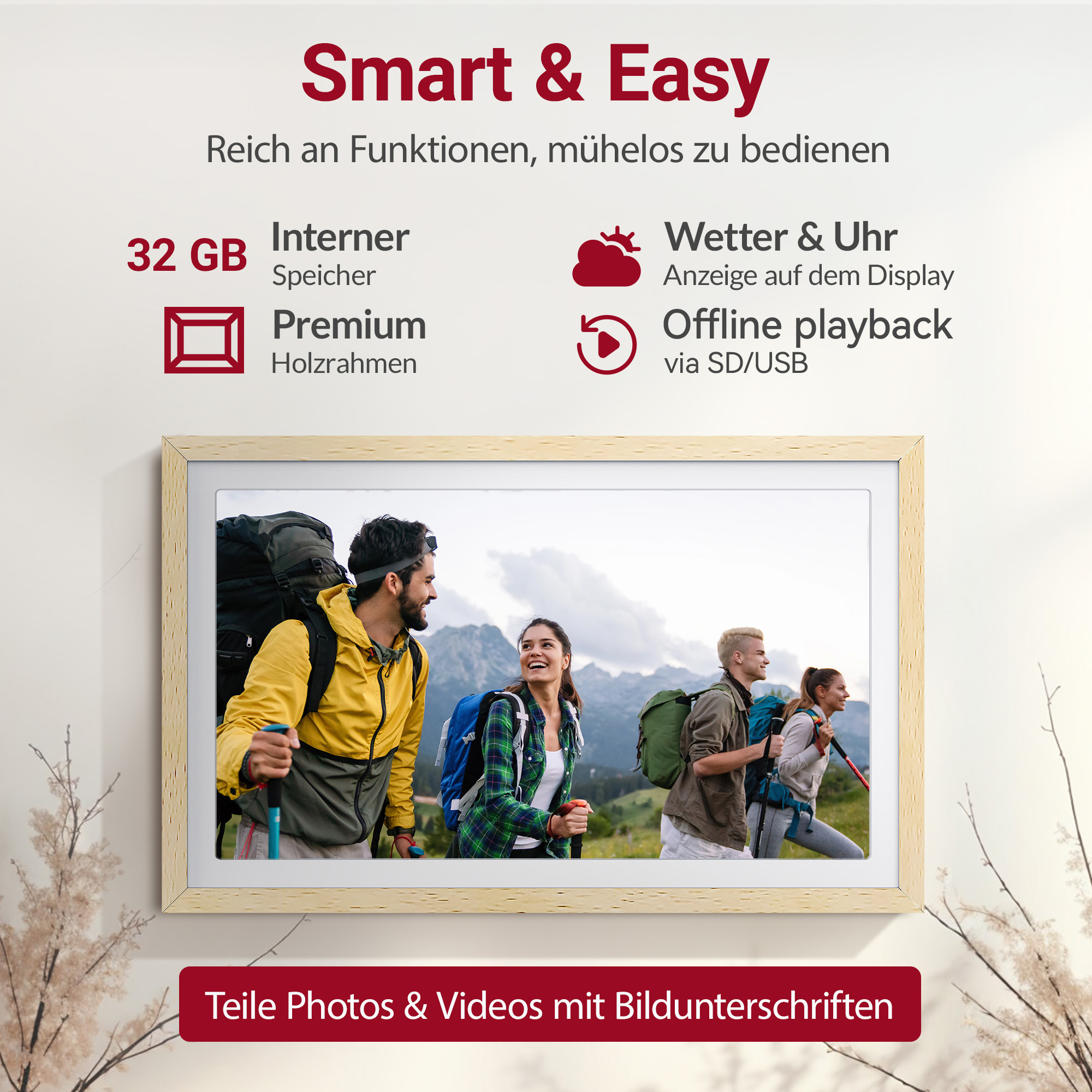 Vier Wanderer mit Rucksäcken gehen auf einem Bergpfad. Der Text besagt 'Smart & Easy'.