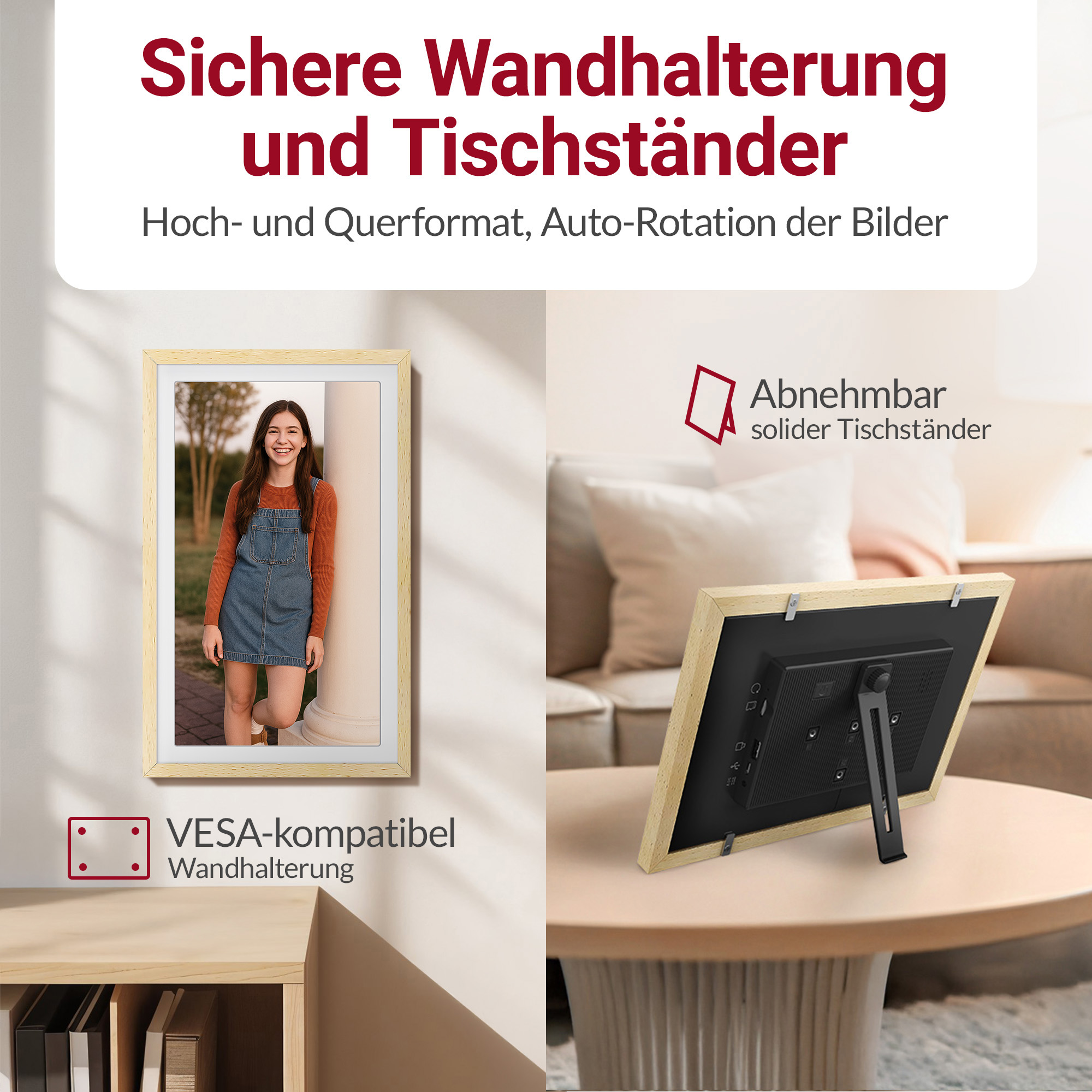 Digitaler Bilderrahmen mit Wandhalterung und Tischständer.