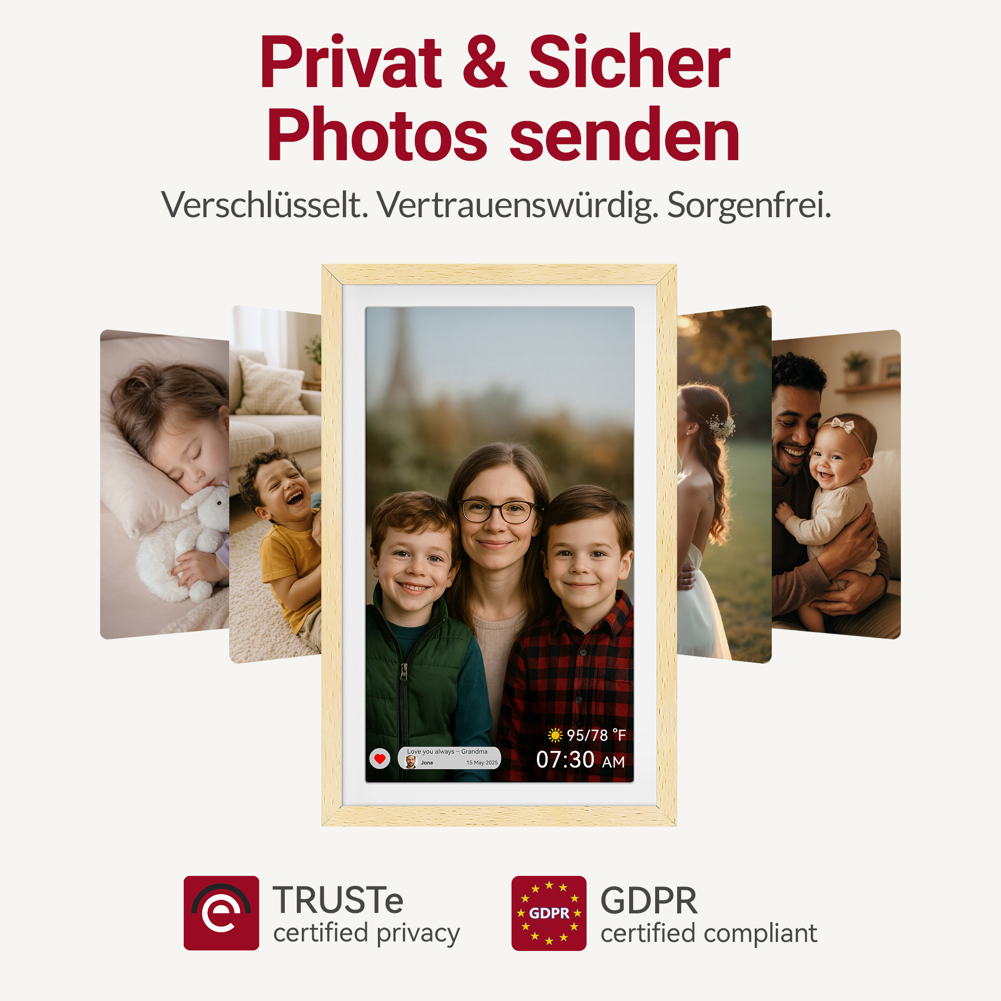Familienfotos auf einem digitalen Bilderrahmen, mit Kindern und Erwachsenen.