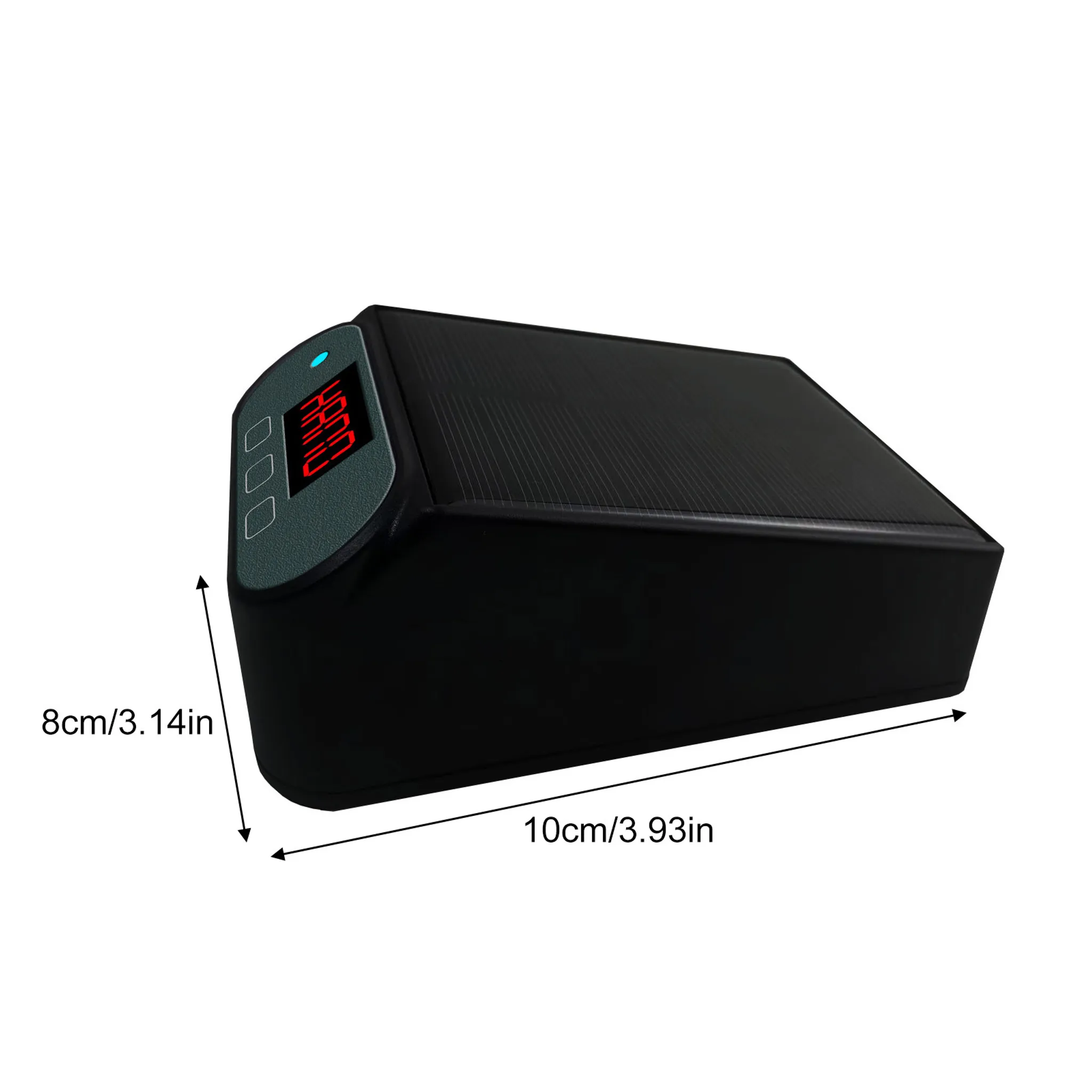 Schwarzes Solarpanel-Gerät mit rotem Digitaldisplay und drei Knöpfen.