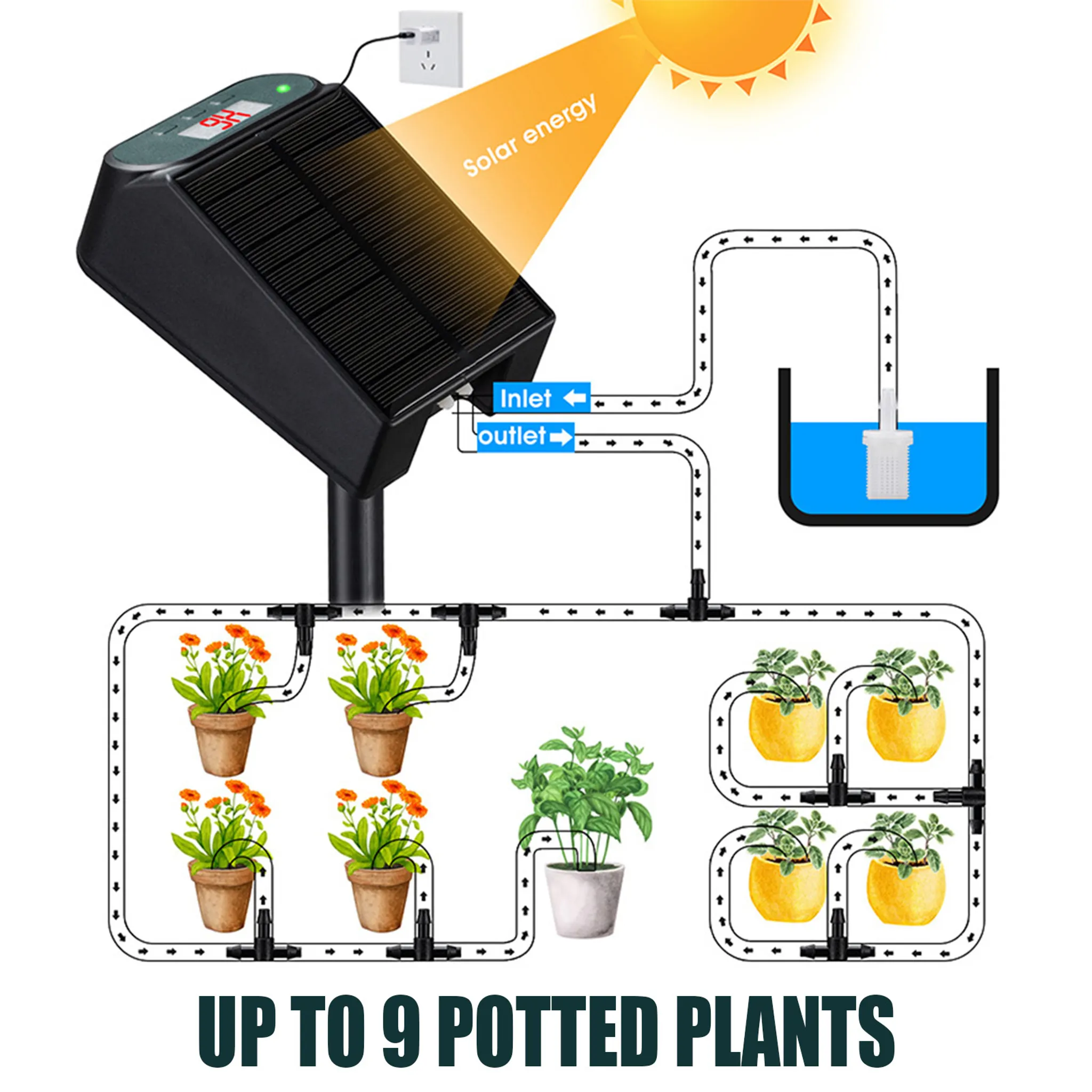 Solarbetriebenes Bewässerungssystem für bis zu 9 Pflanzen mit Schlauch und Tropfern.