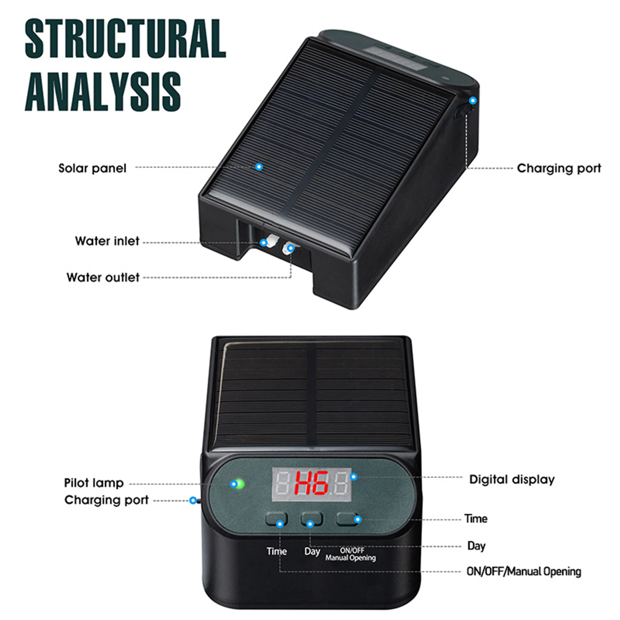 Gerät mit Solarpanel, digitaler Anzeige, Ladeanschluss und Wasserein-/auslass.