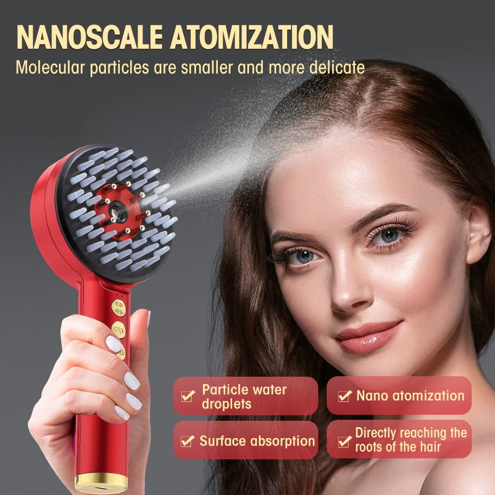 Eine Frau hält ein rotes Nano-Atomizer-Gerät, das feinen Nebel auf ihr Haar sprüht.