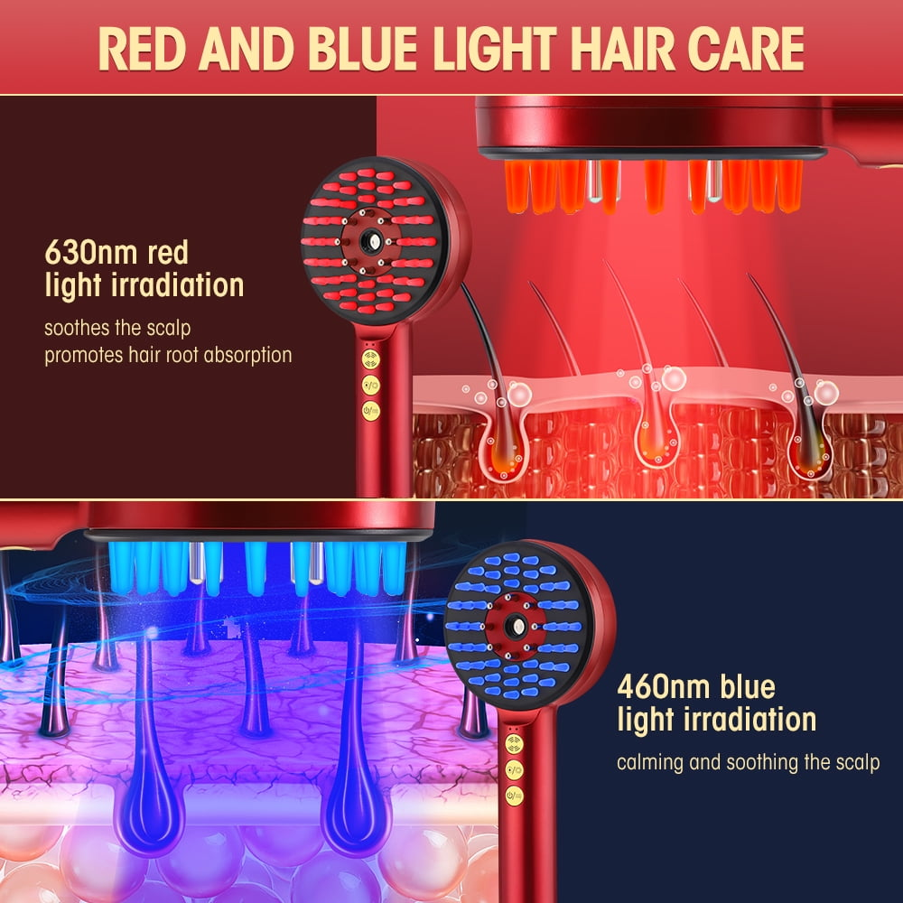 Rotes und blaues Licht für die Haarpflege: Rotes Licht für die Kopfhaut, blaues Licht zur Beruhigung.