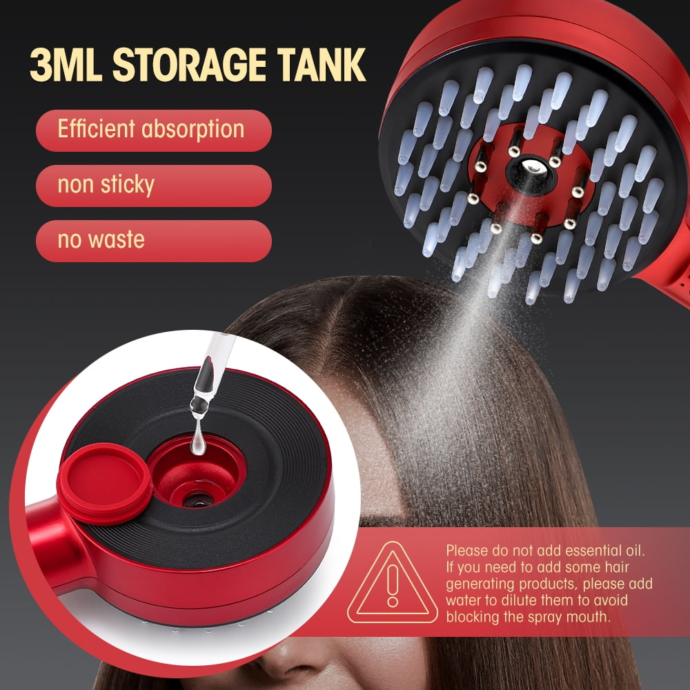 Roter Sprühkopf mit 3-ml-Tank für Haarpflegeprodukte, der Flüssigkeit auf das Haar sprüht.