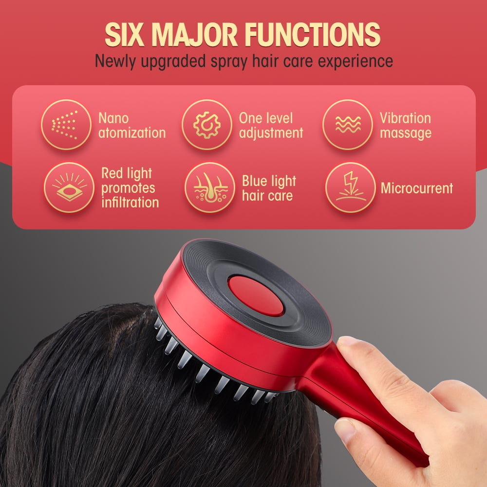 Rotes Haarpflegegerät mit 6 Funktionen: Atomisierung, Einstellung, Massage, Rotlicht, Blaulicht, Mikrostrom.