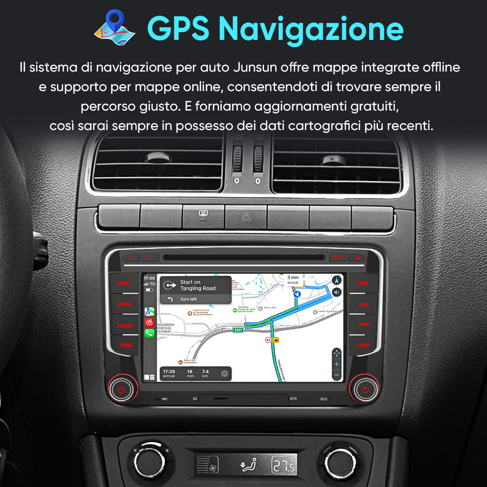 Cruscotto auto con schermo di navigazione GPS che mostra un percorso. Testo: GPS Navigazione.
