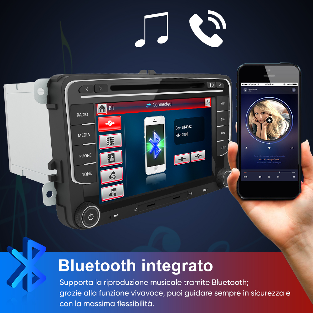 Autoradio con touchscreen che mostra uno smartphone collegato con musica.