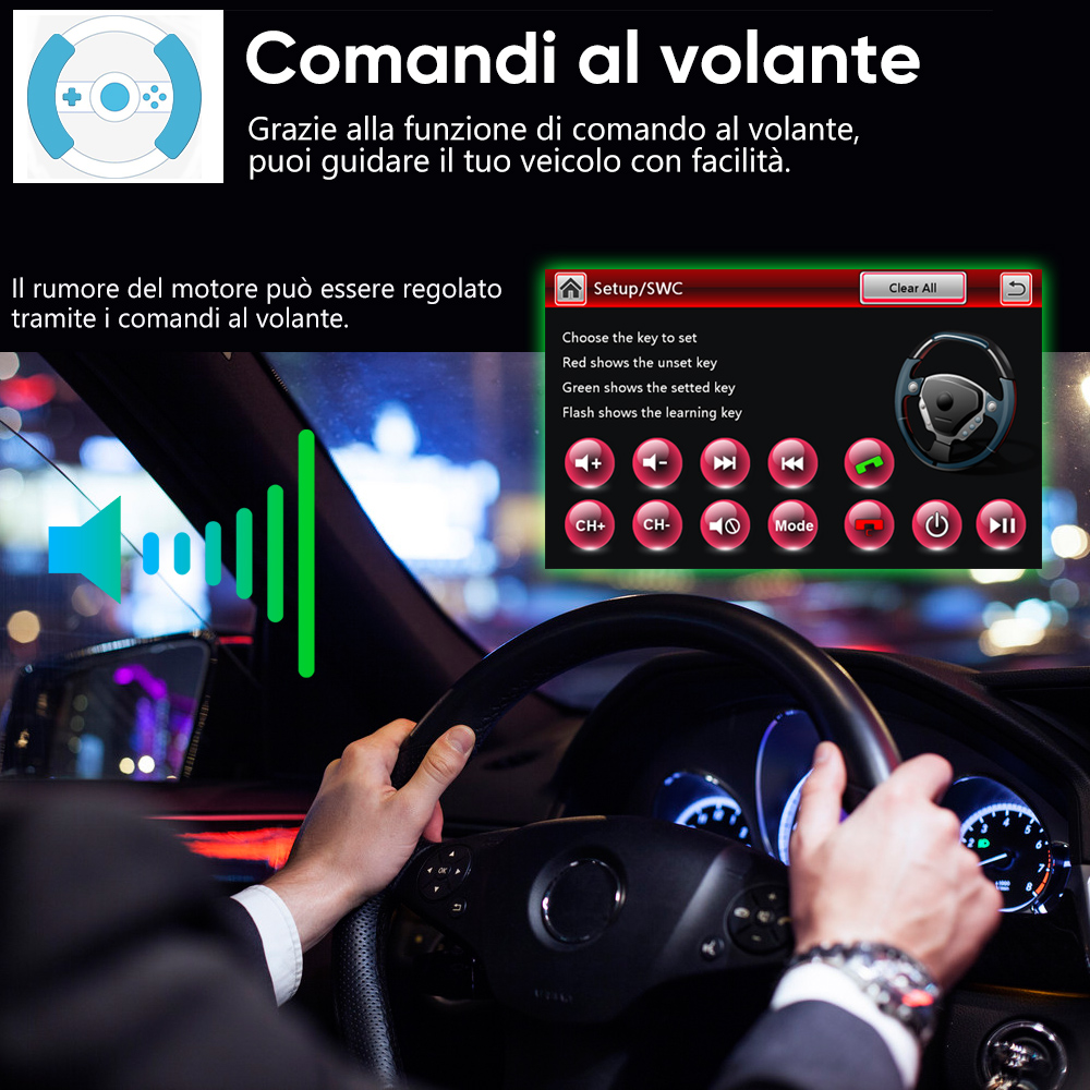 Mani sul volante, schermo mostra mappatura pulsanti, icona altoparlante.