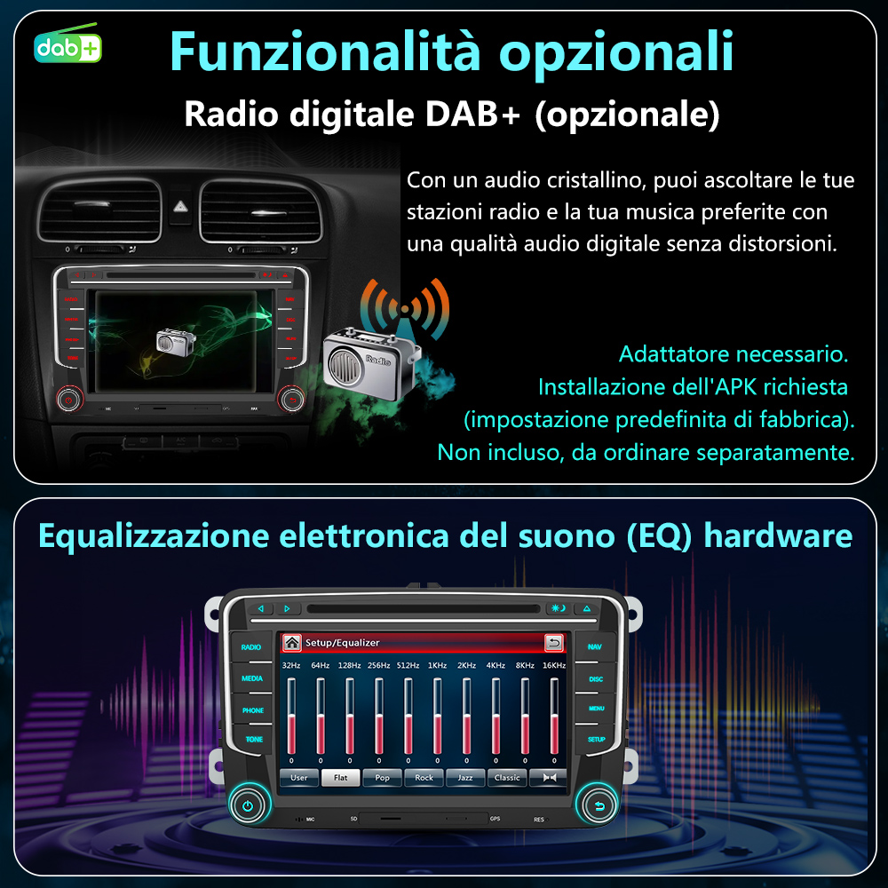 Sopra: radio DAB+. Sotto: display equalizzatore auto.