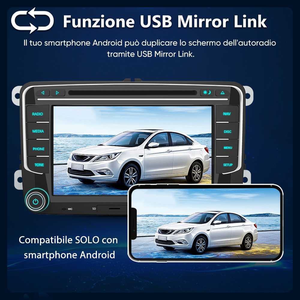 Un sistema di infotainment per auto che mostra uno smartphone che rispecchia l'immagine di un'auto.
