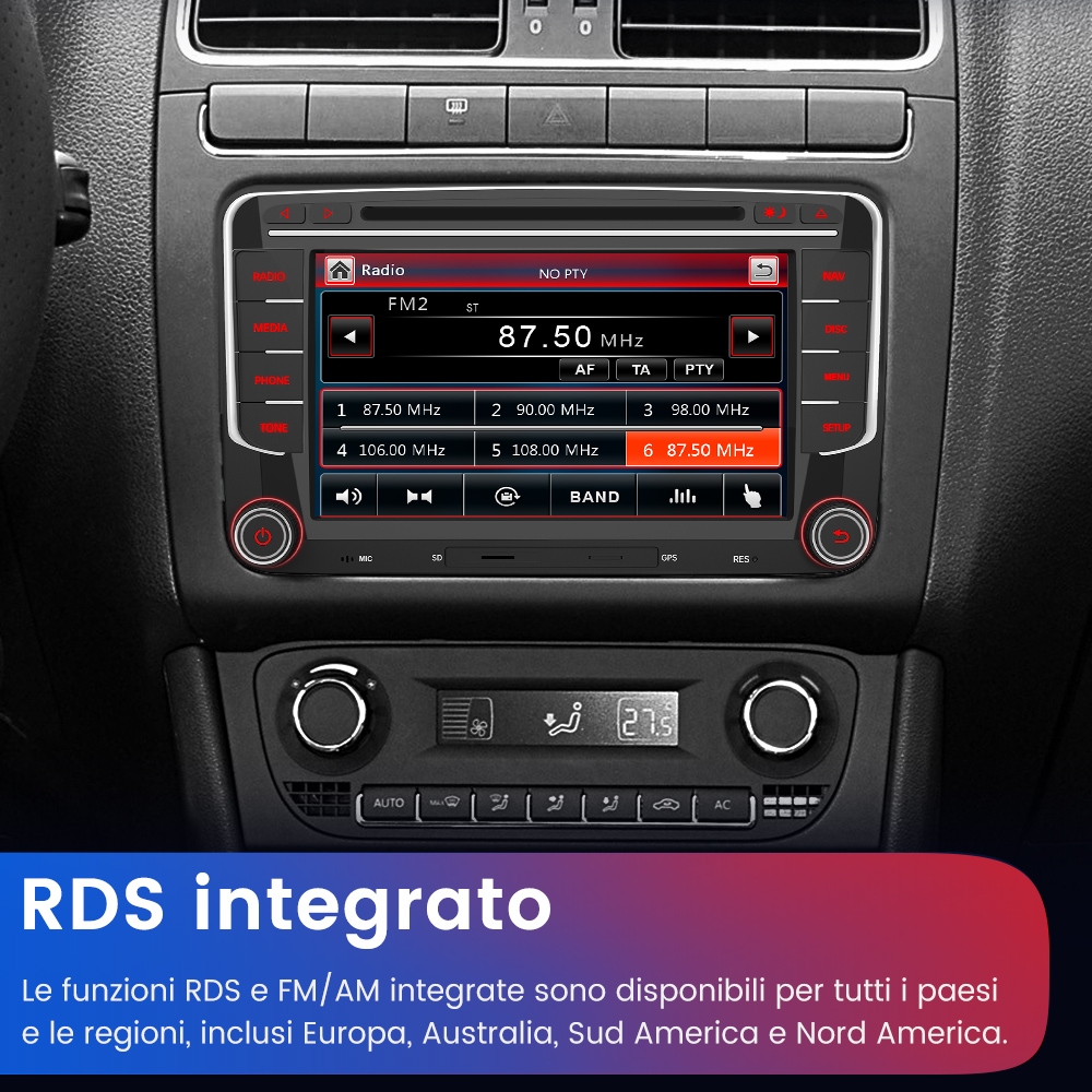 L'immagine mostra il display di una radio per auto con frequenza della stazione e canali preimpostati.