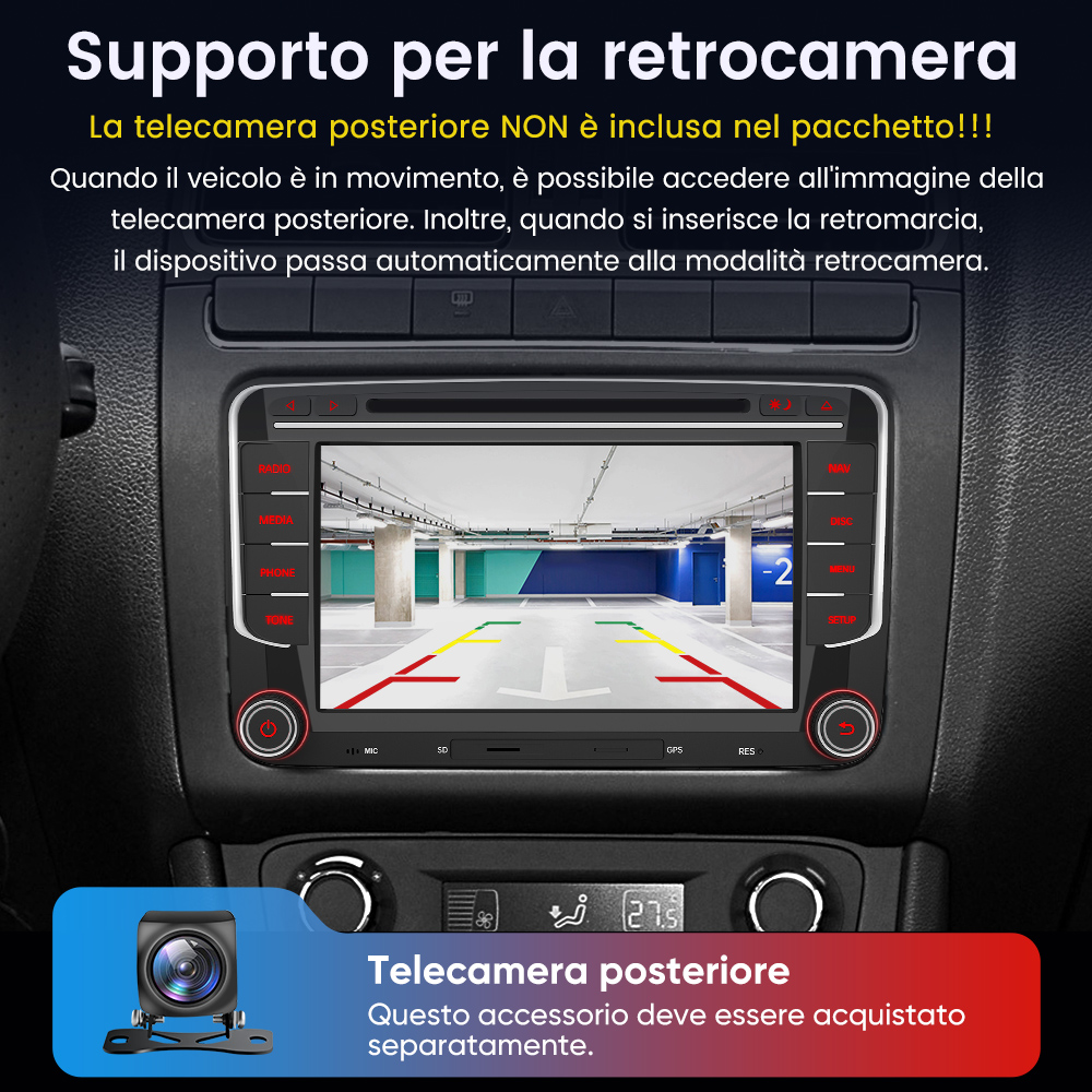 Interno auto con schermo che mostra vista telecamera posteriore.