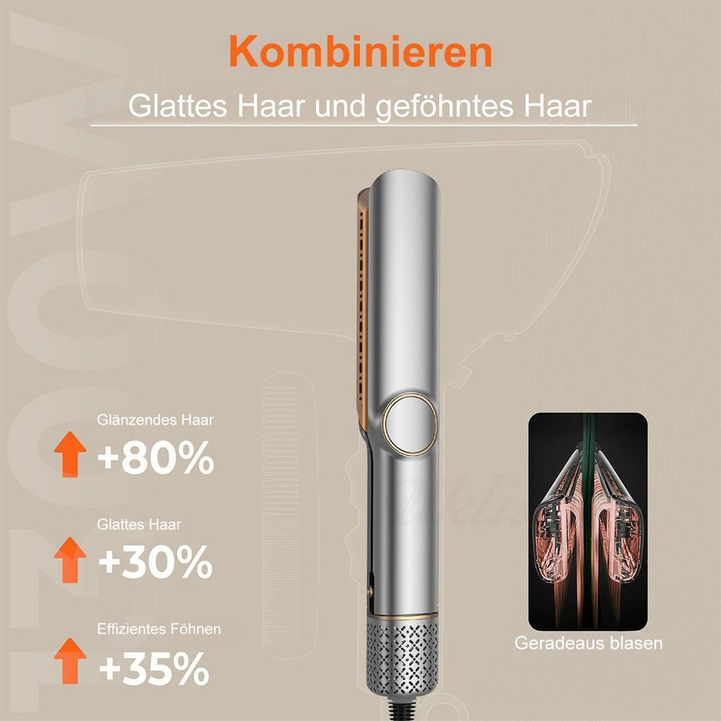 Ein silberner Haartrockner mit orangefarbenen Pfeilen, die auf eine Steigerung von 80 % glänzendem Haar hinweisen.