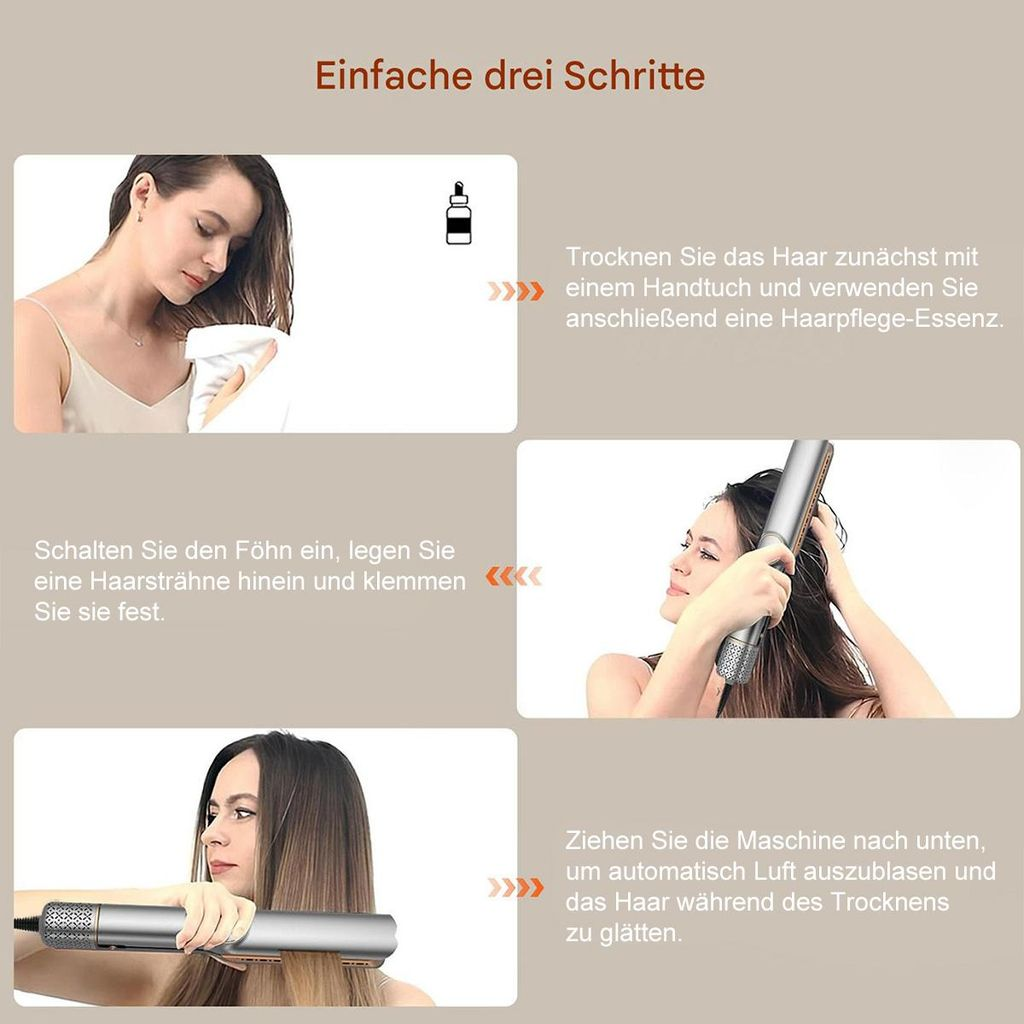 Drei Schritte: Haare trocknen, Föhn nutzen, Maschine nach unten ziehen.