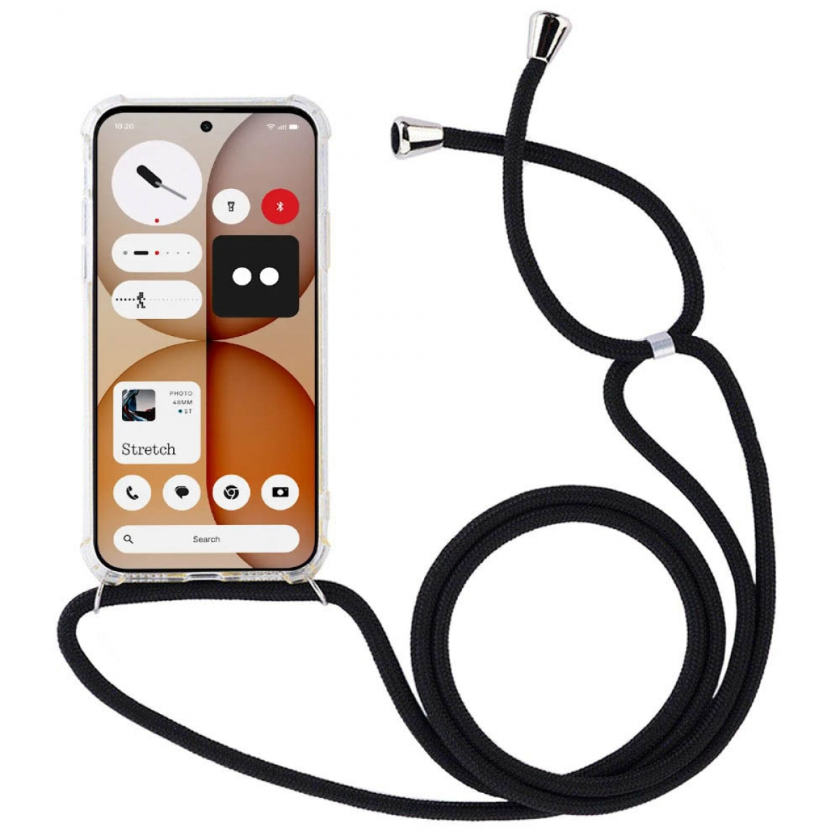 Ein Smartphone mit einem schwarzen Trageband im Querformat auf weißem Hintergrund.