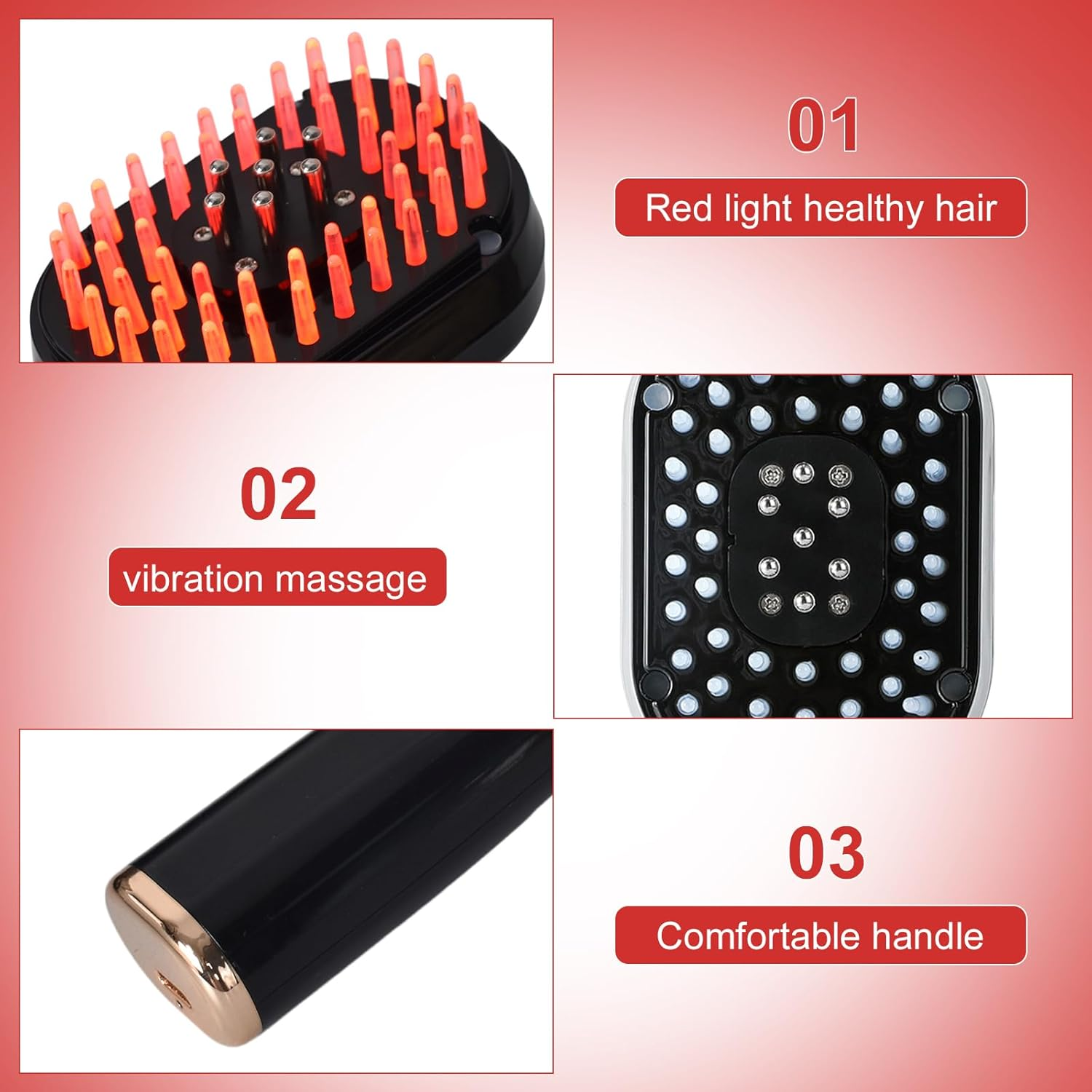 Ein Massagegerät für gesundes Haar mit roten Lichtern, Vibrationen und einem Griff.
