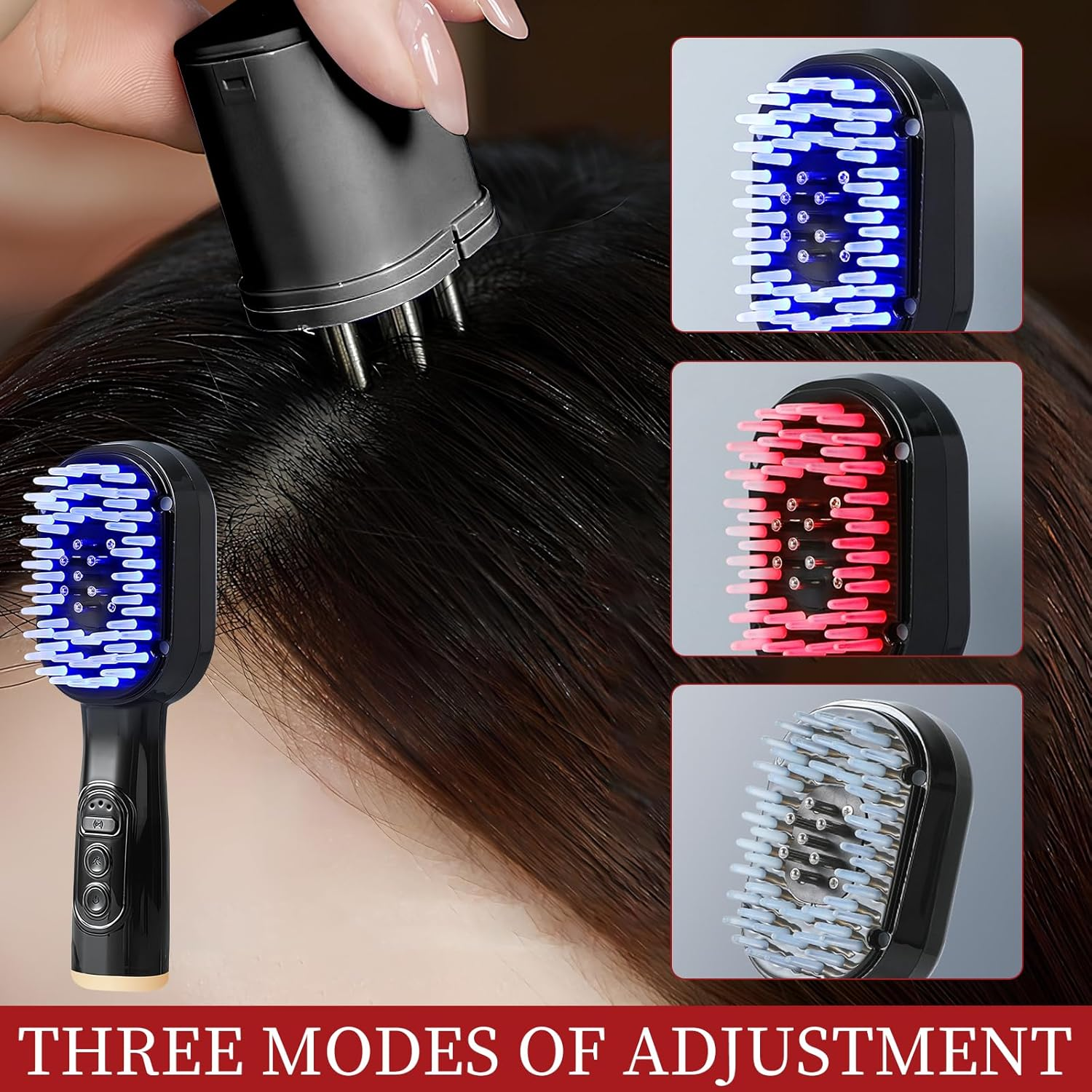 Ein schwarzer Haarwuchskamm mit blauen, roten und weißen Lichtern auf dunklem Haar.