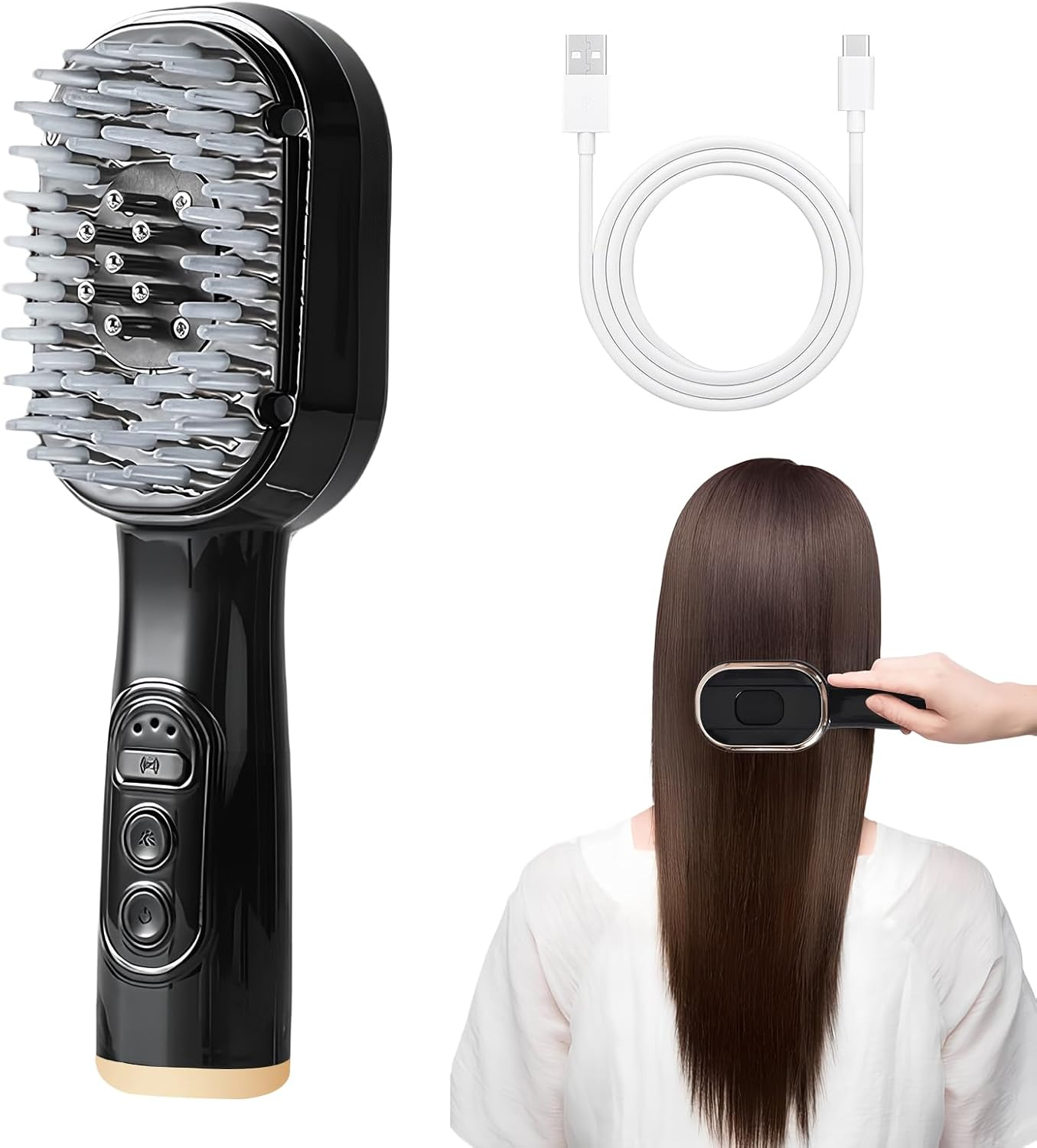 Schwarste elektrische Haarglättungsbürste mit USB-Kabel und Person, die Haare stylt.