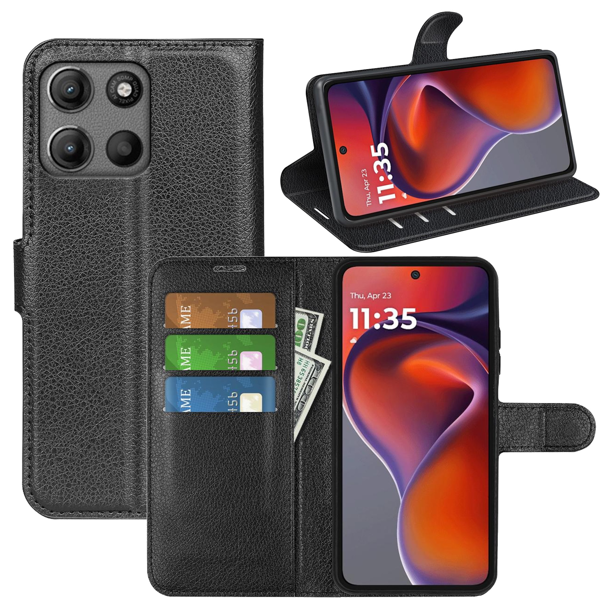 Schwarze Leder-Wallet-Hülle für Handy, mit Karten und Bargeld. Handy zeigt Uhrzeit.