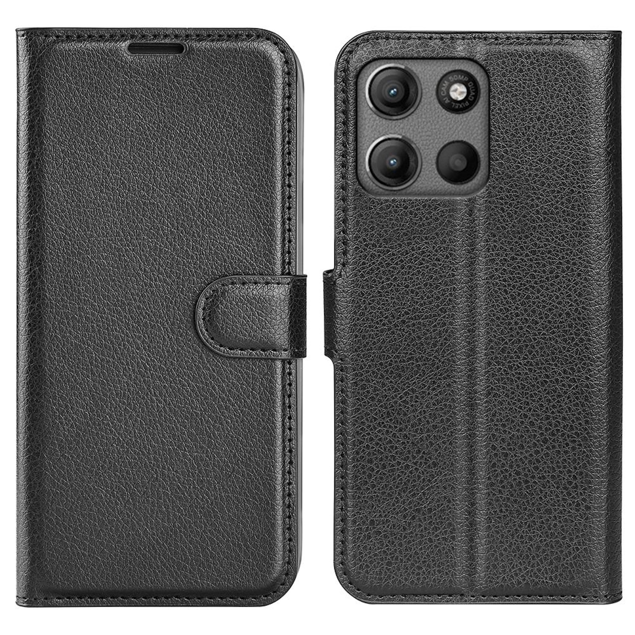 Schwarzes Leder-Flip-Case mit Kameraöffnung und Druckknopfverschluss.