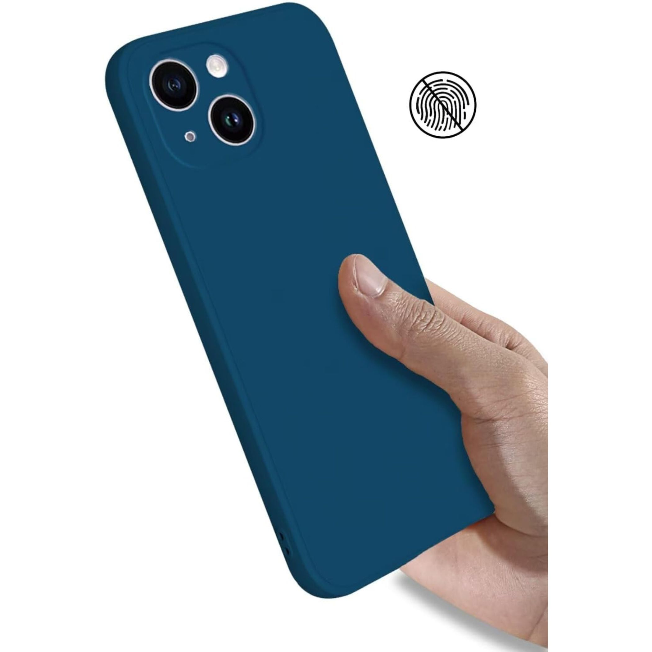 Blaue Handyhülle mit Fingerabdruck-Symbol auf weißem Hintergrund.