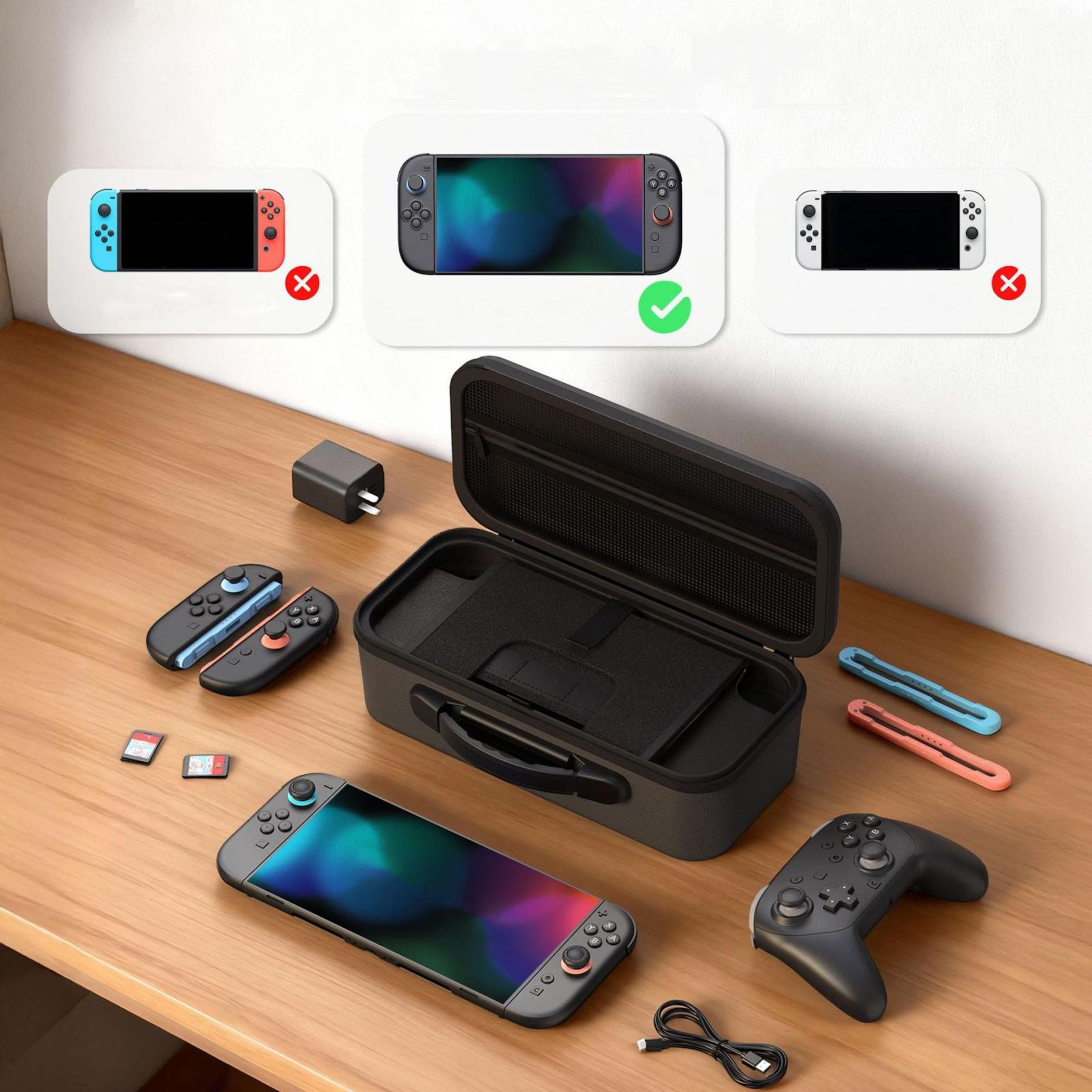 Spielekonsole, Controller, Hülle, Ladegerät und Spielkarten auf einem Holztisch.