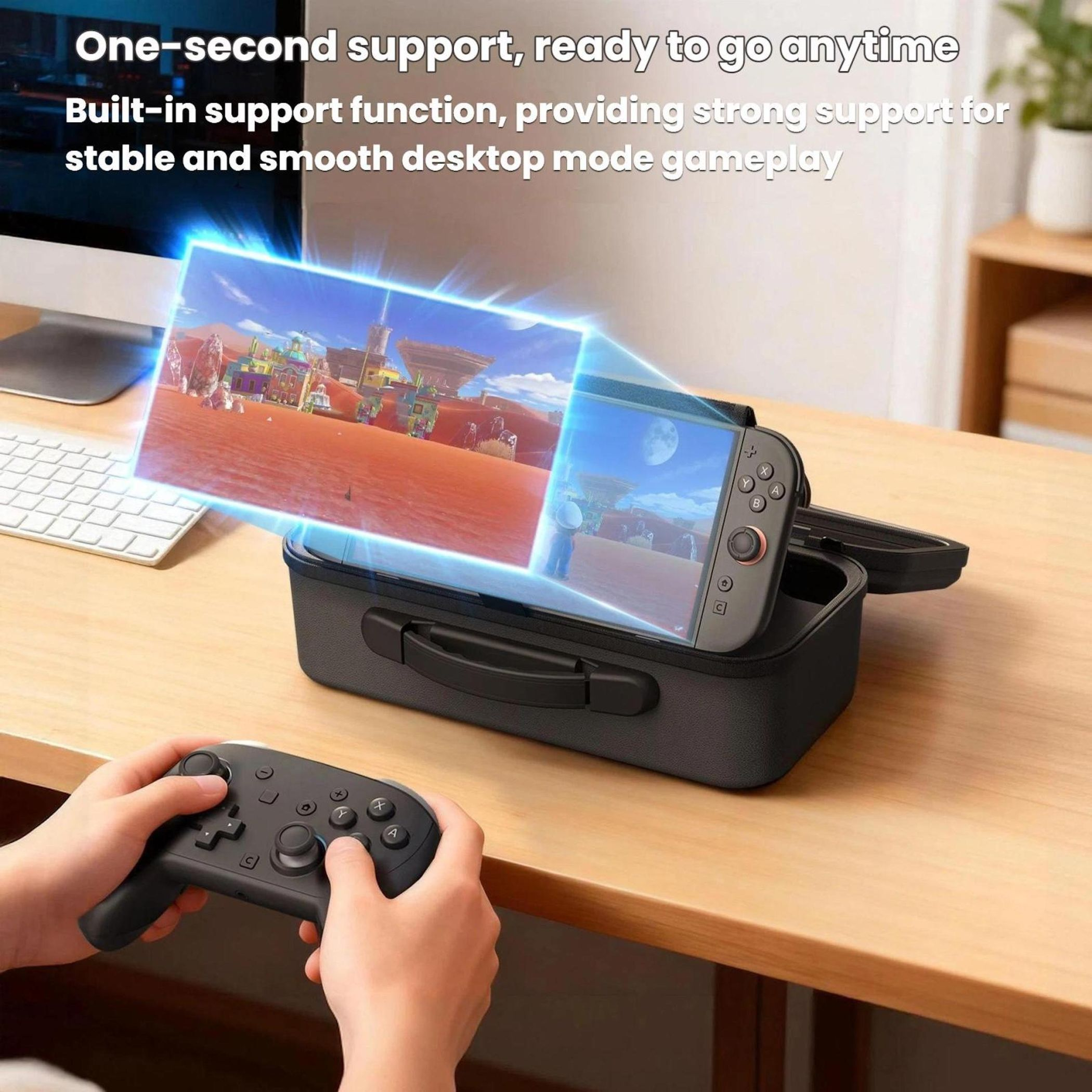 Ein Controller hält eine Nintendo Switch in einer Tragetasche, das Spiel wird angezeigt.