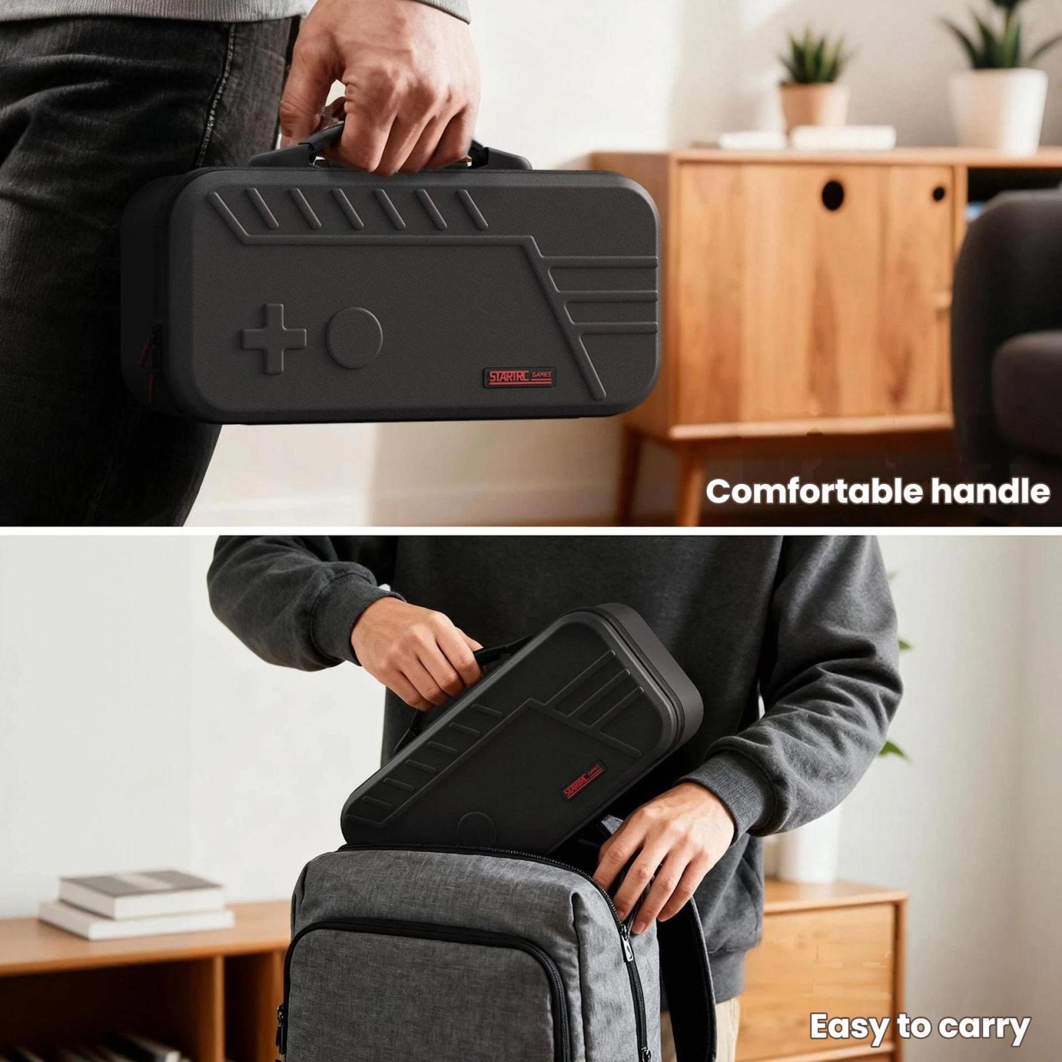 Person trägt schwarze Schutzhülle für Spielekonsolen, legt sie in graue Tasche.