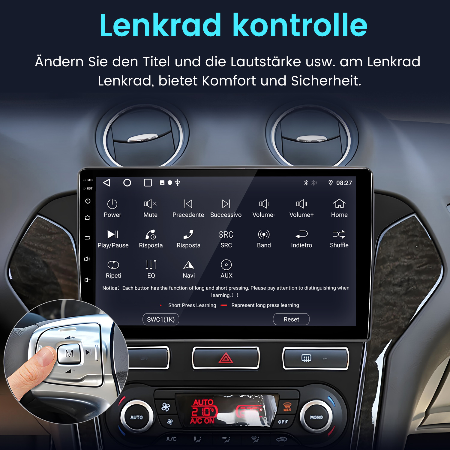 Ein Finger drückt die M-Taste am Lenkrad, das Display zeigt Steuerungssymbole.