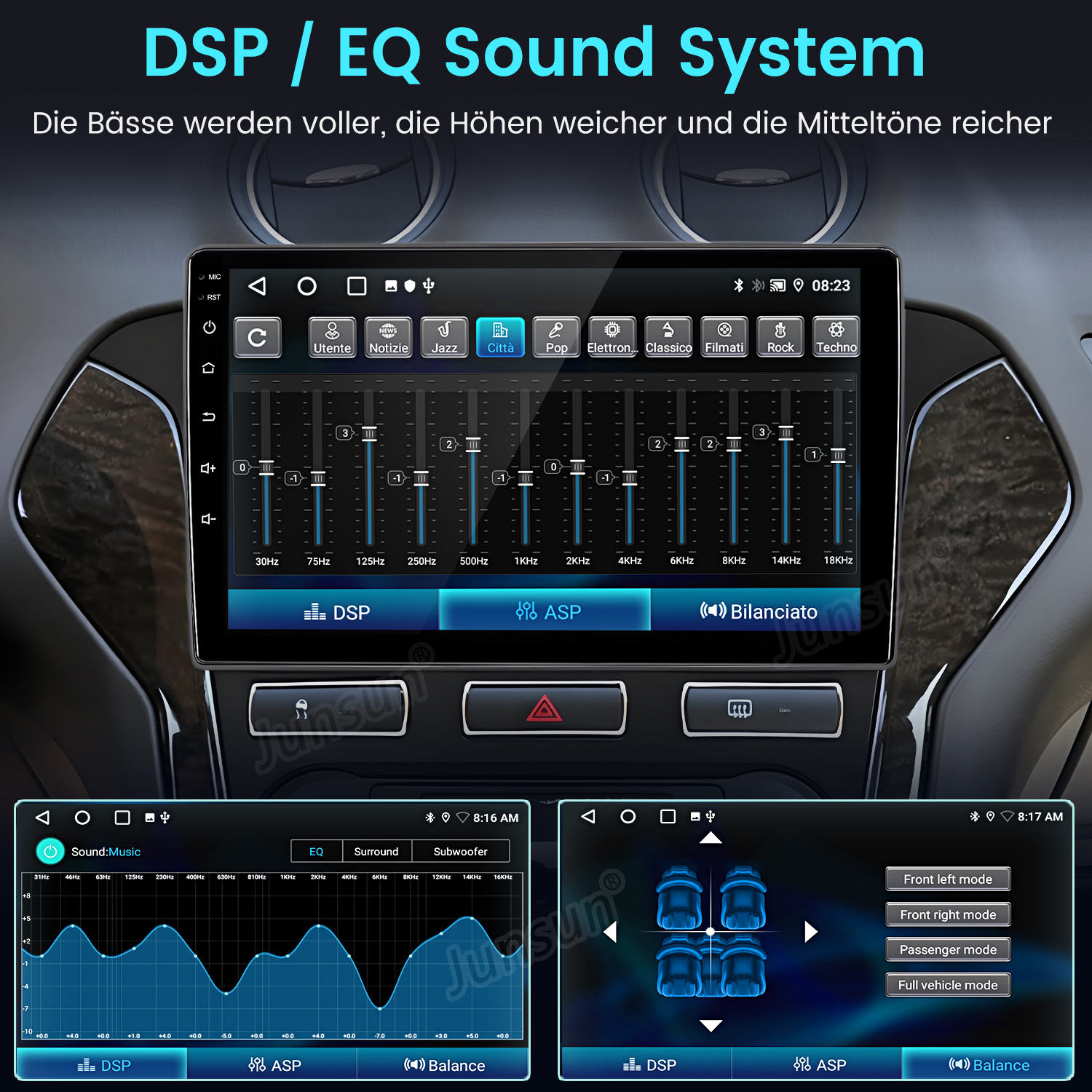 Ein Auto-Infotainment-Bildschirm zeigt DSP-Einstellungen, Equalizer und Fahrzeugmodi.