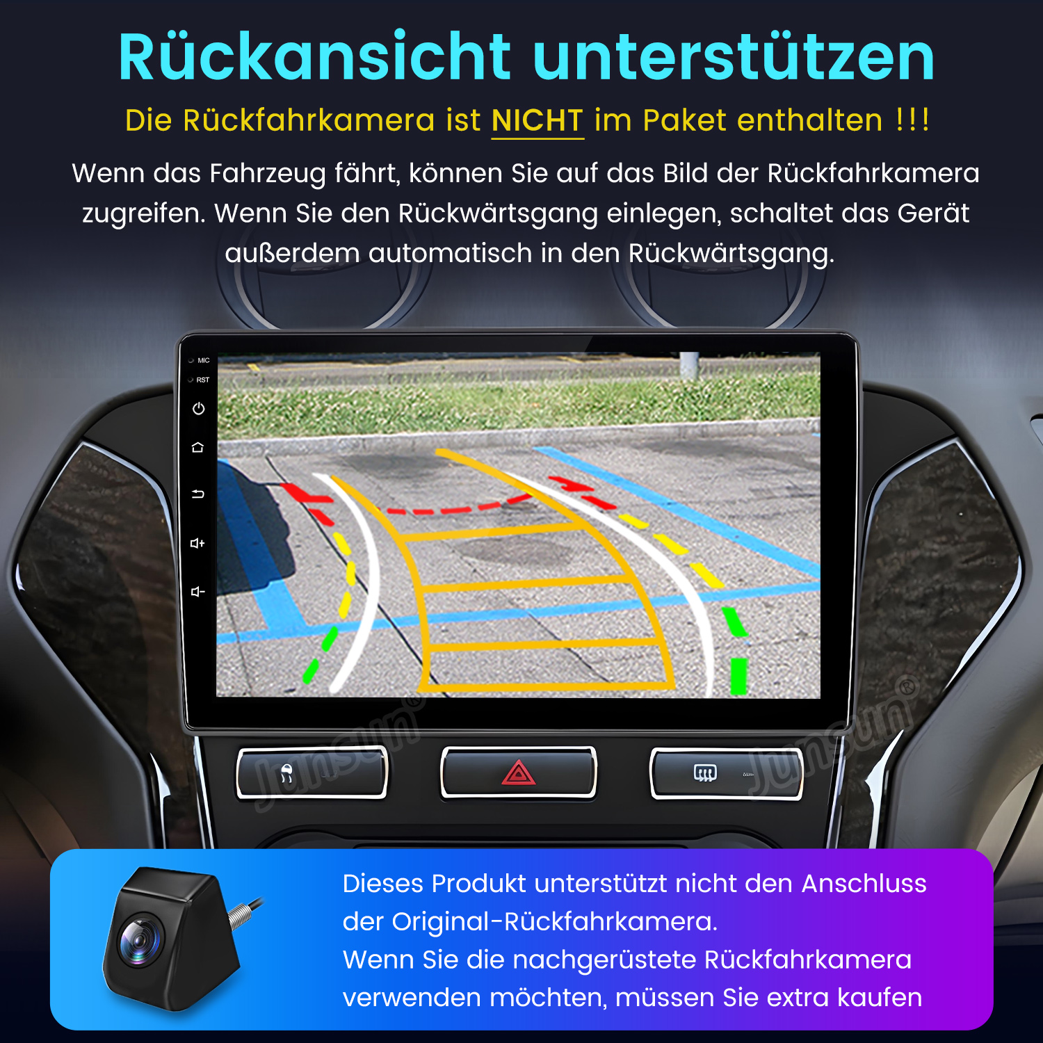 Autoradio zeigt Rückfahrkamera-Bild mit Parklinien.
