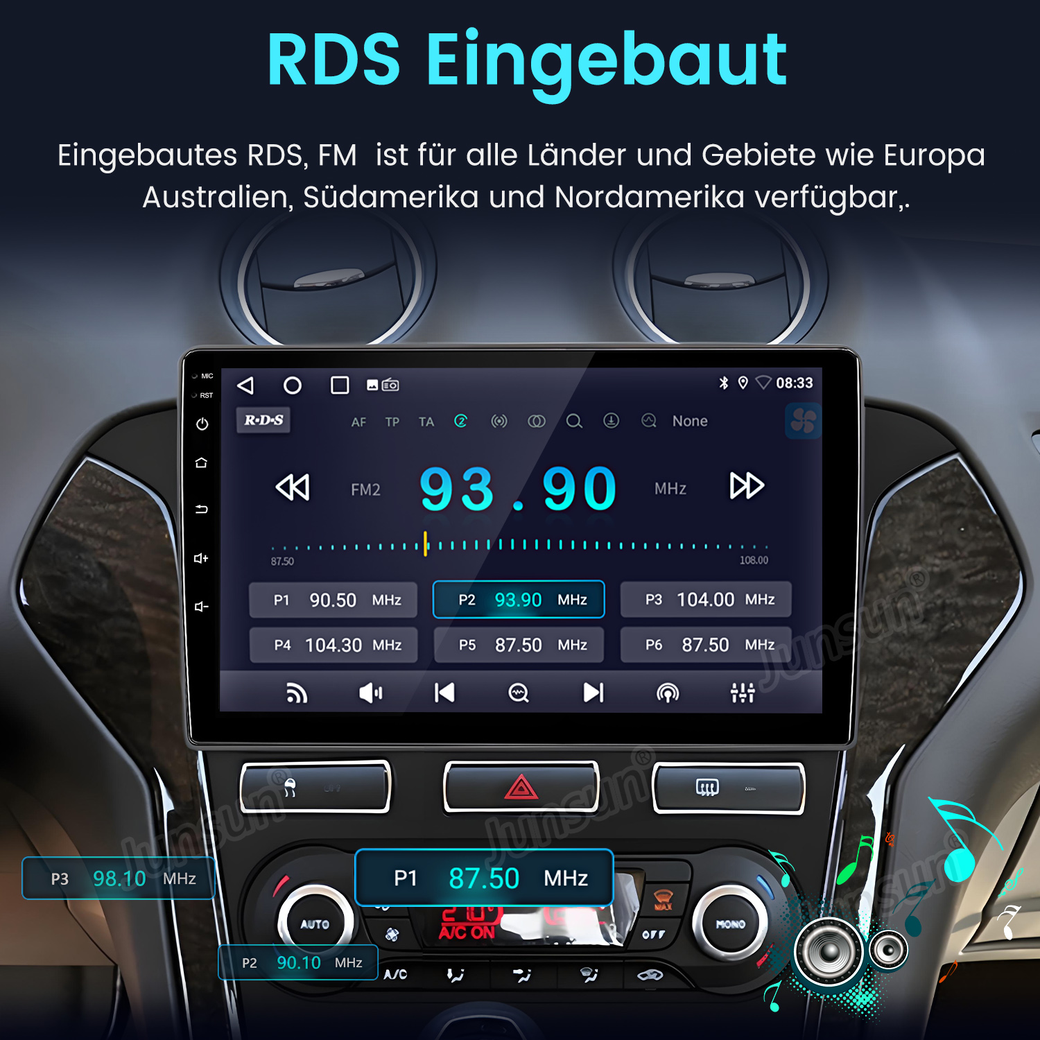 Ein Autoradio-Display zeigt 93.90 MHz an, mit Sender-Presets und Bedienelementen.