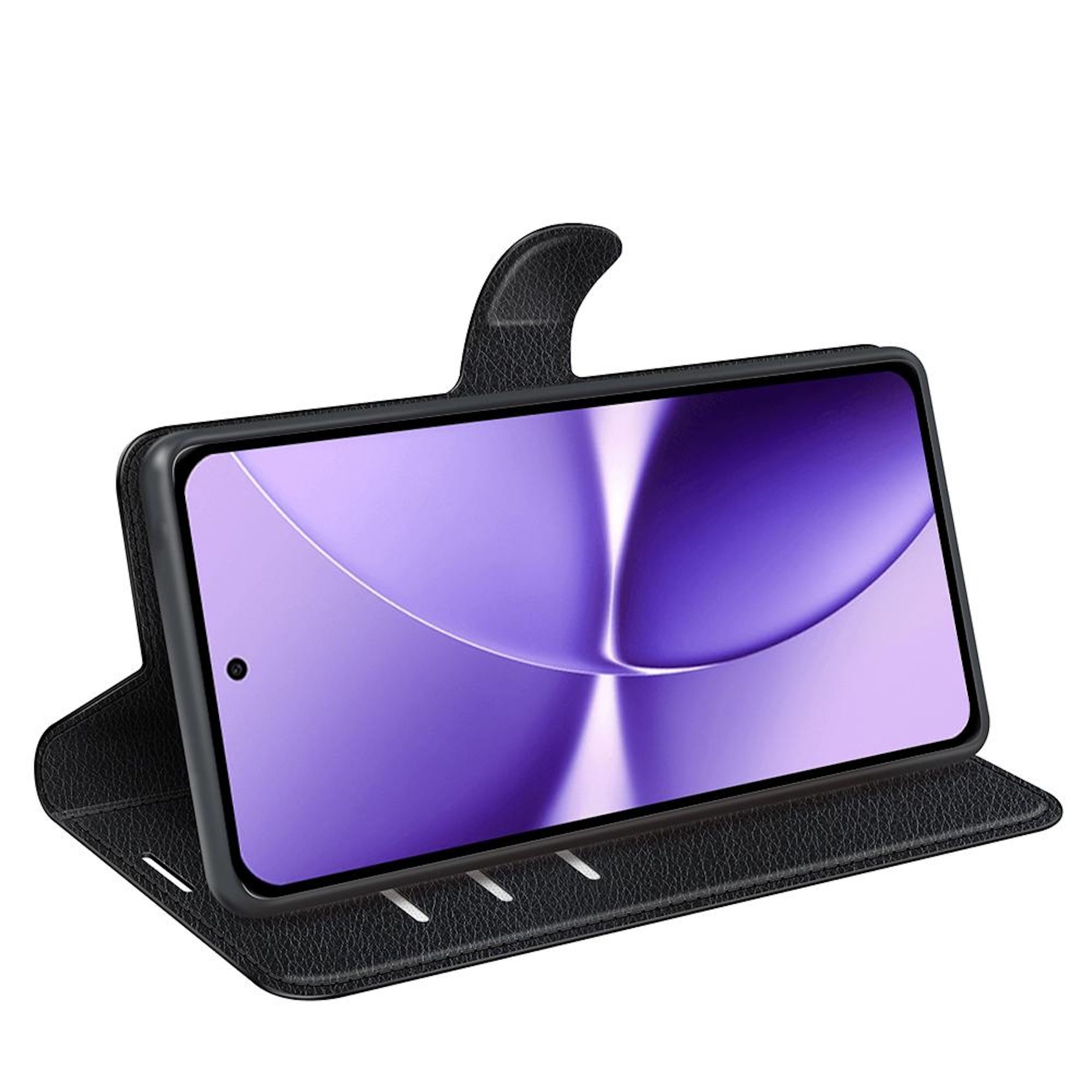 Schwarzes Leder-Flip-Case für ein Smartphone mit violem Hintergrund.