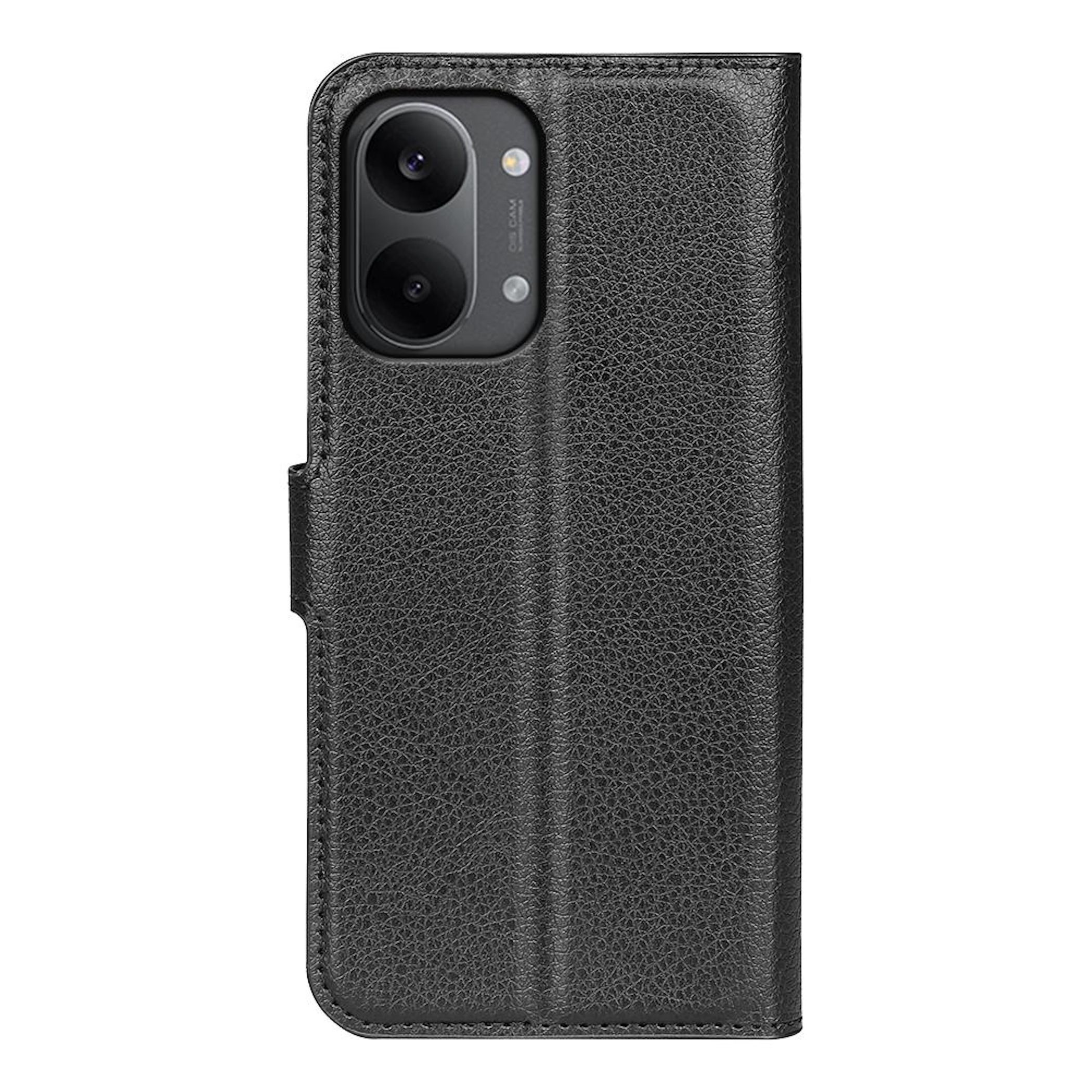 Schwarzes Lederetui für ein Smartphone mit Kameramodul.