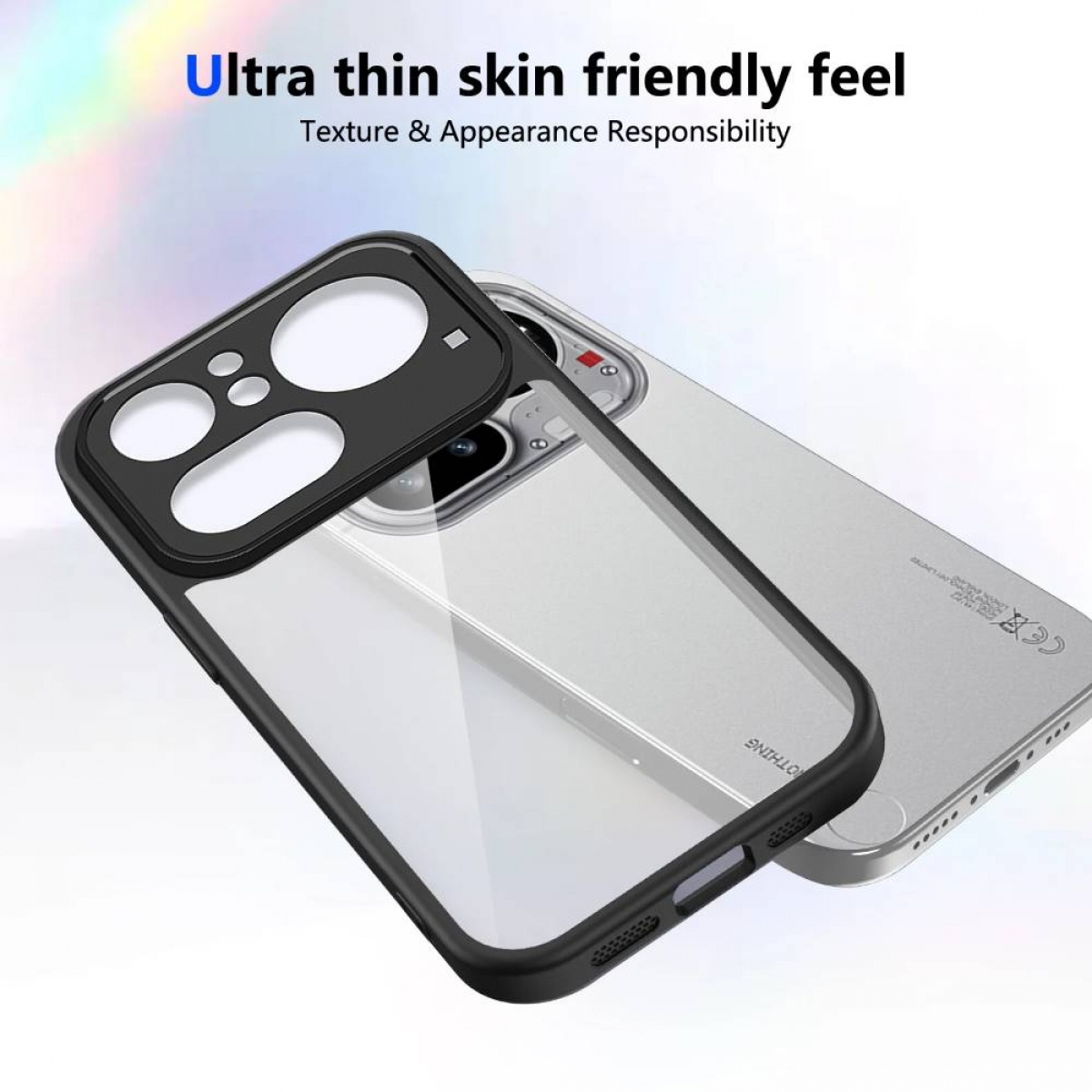Eine durchsichtige Handyhülle mit schwarzem Kameraschutz liegt auf einem silbernen Handy.
