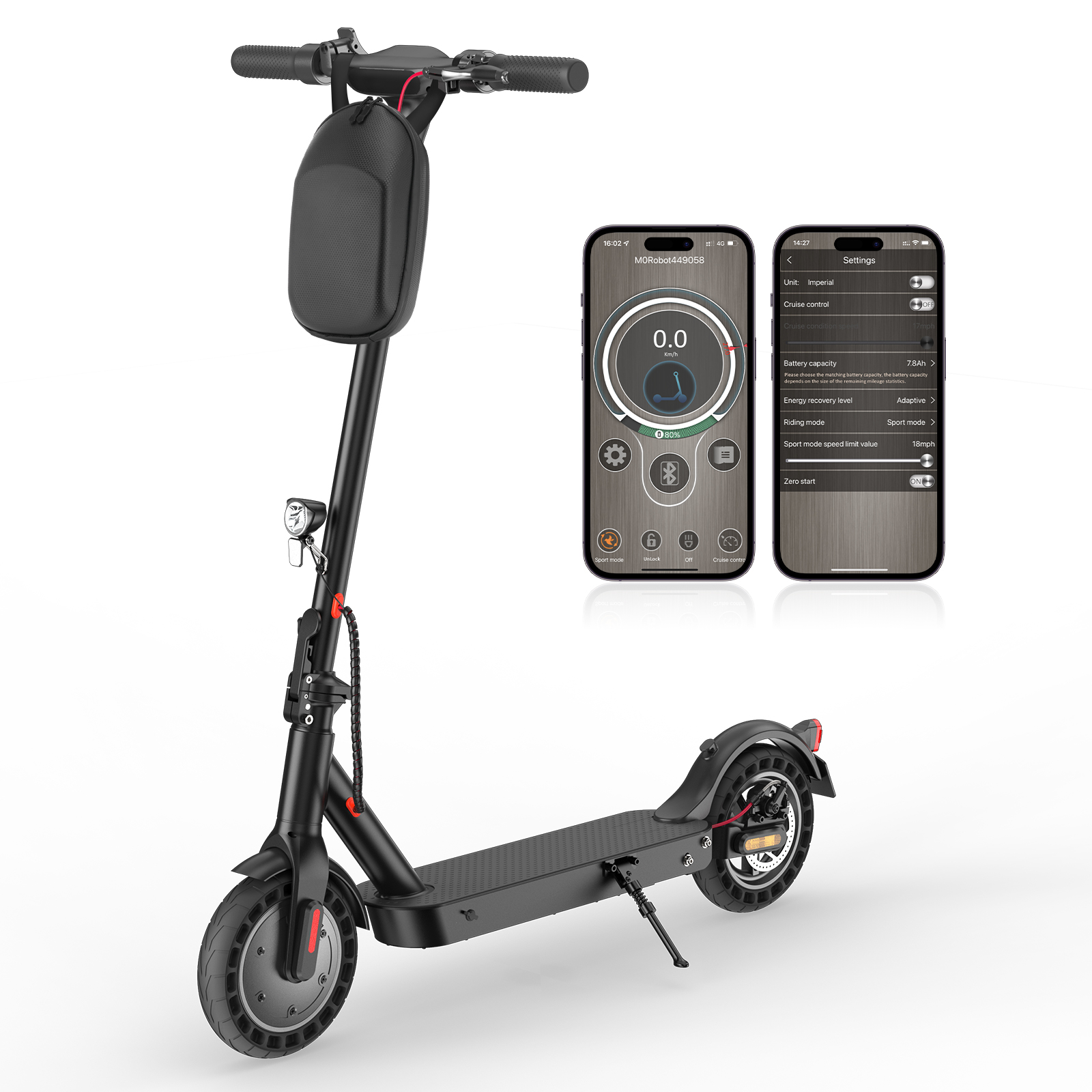Schwarzer Elektroroller mit Lenkertasche und Handy-App-Anzeige.
