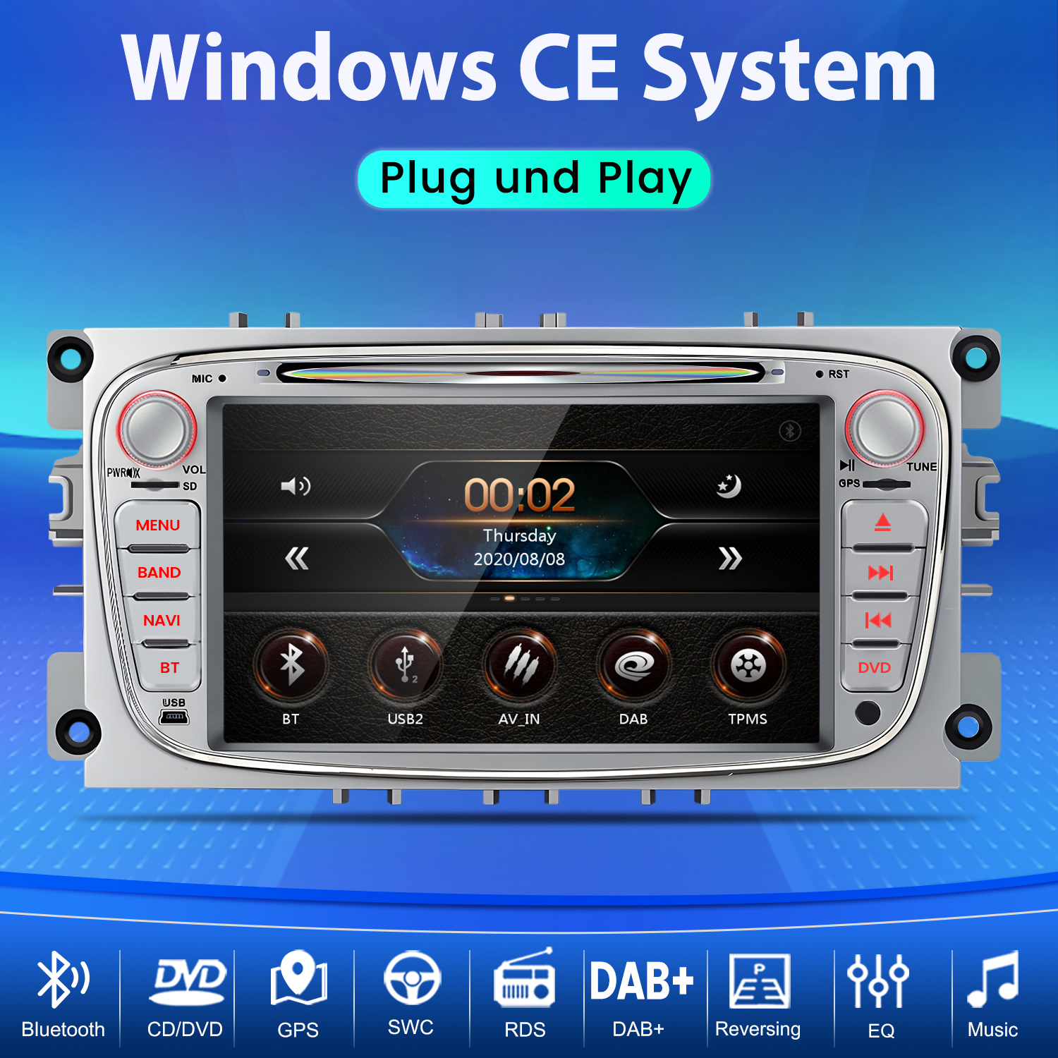 Ein Autoradio mit Touchscreen, das Windows CE anzeigt, mit Bedienelementen und Symbolen.