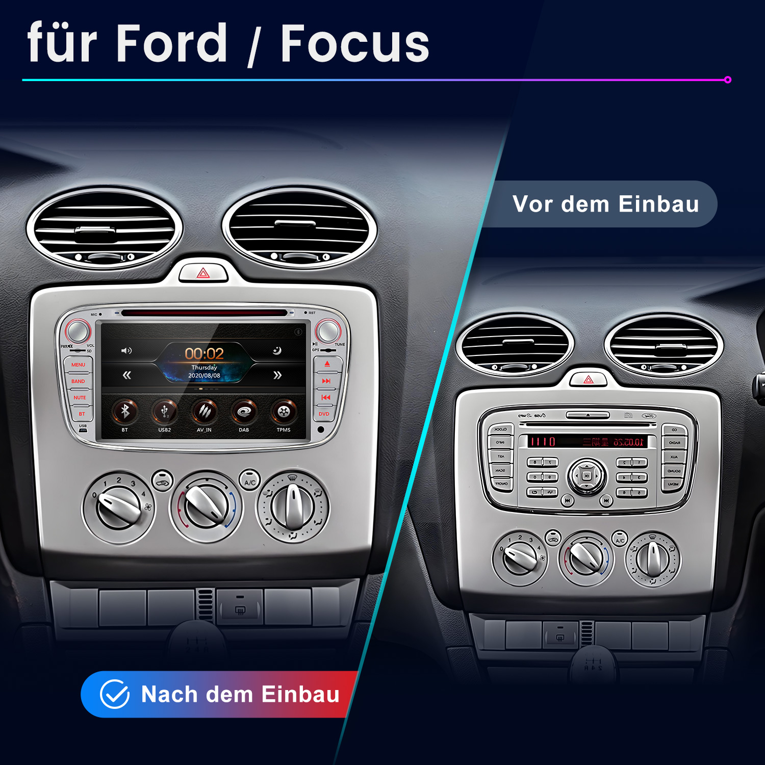 Vorher/Nachher-Vergleich eines Ford Focus Autoradios, links nach dem Einbau, rechts vorher.