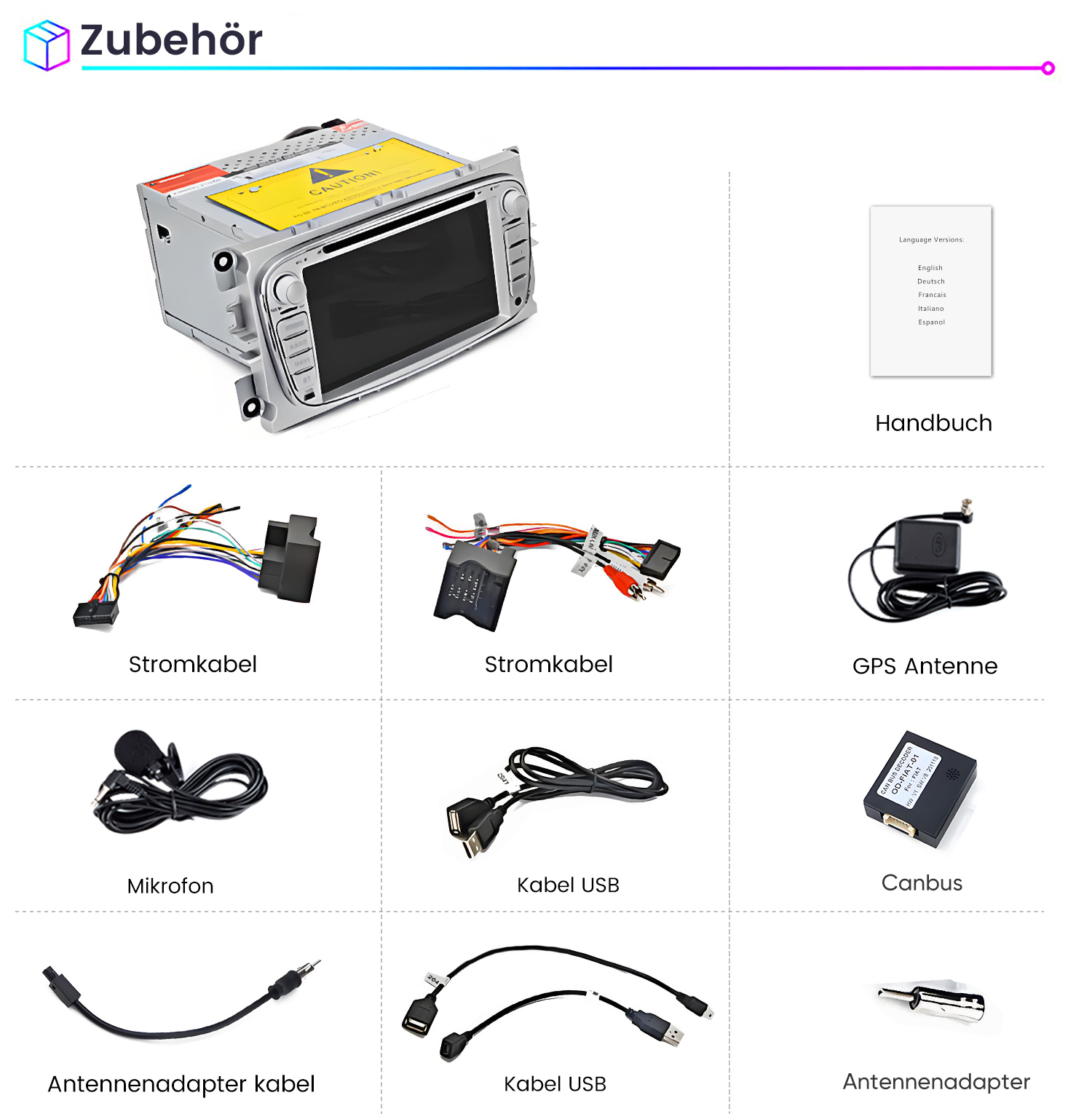 Autoradio mit Zubehör: Handbuch, Kabel, Antennen, Mikrofon und Adapter.