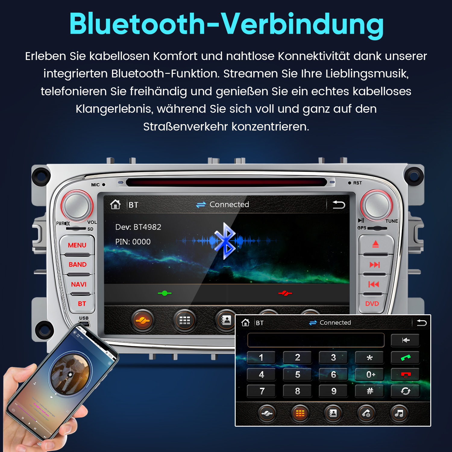 Auto-Infotainmentsystem mit Bluetooth-Verbindung, Handy und Tastatur.