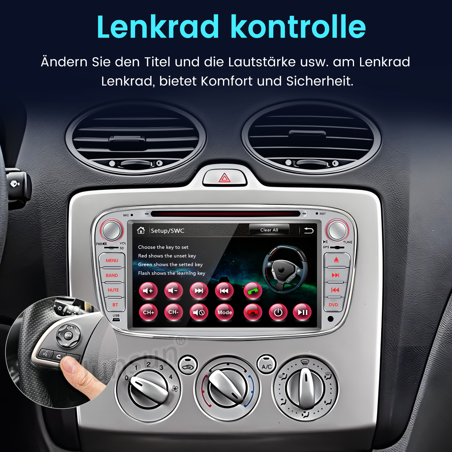 Ein Auto-Infotainmentsystem mit Lenkradsteuerung und Setup-Menü.