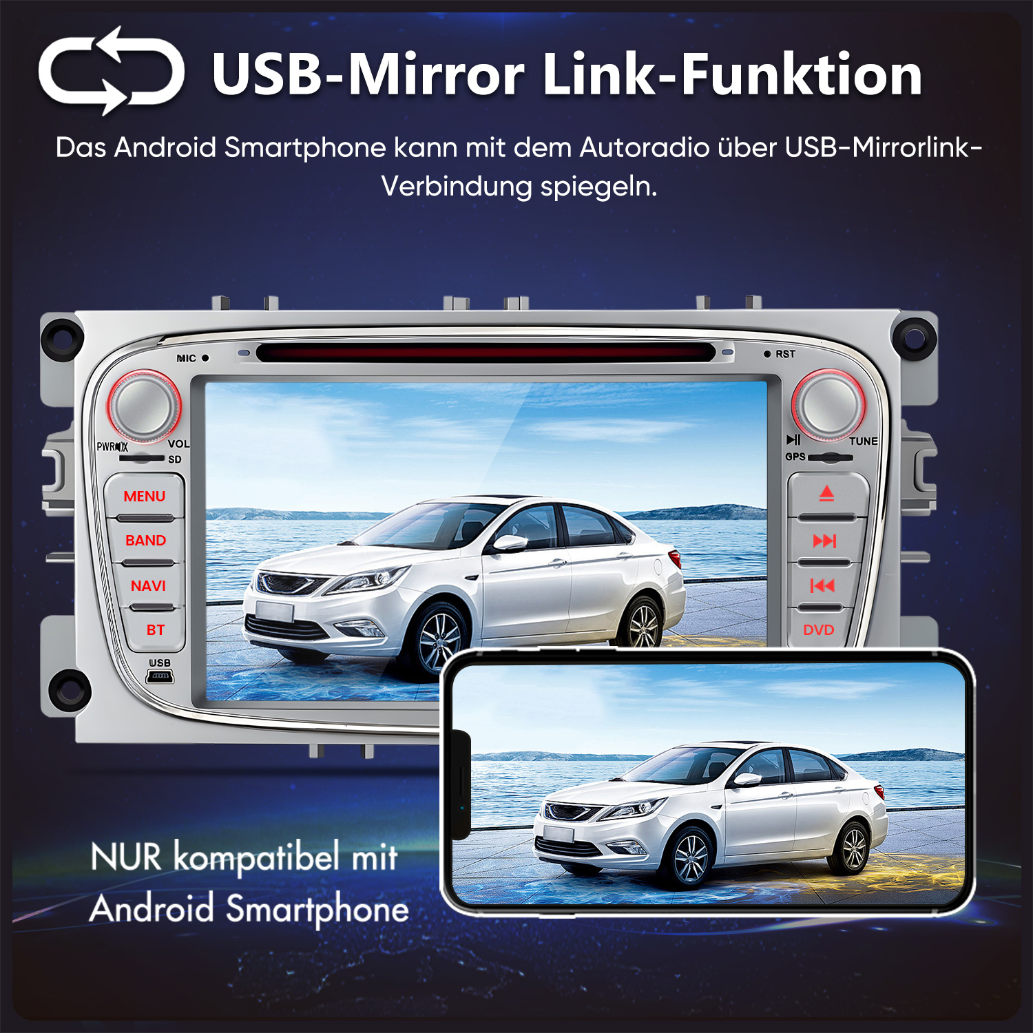 Autoradio zeigt ein weißes Auto auf dem Bildschirm, unten ein Smartphone.