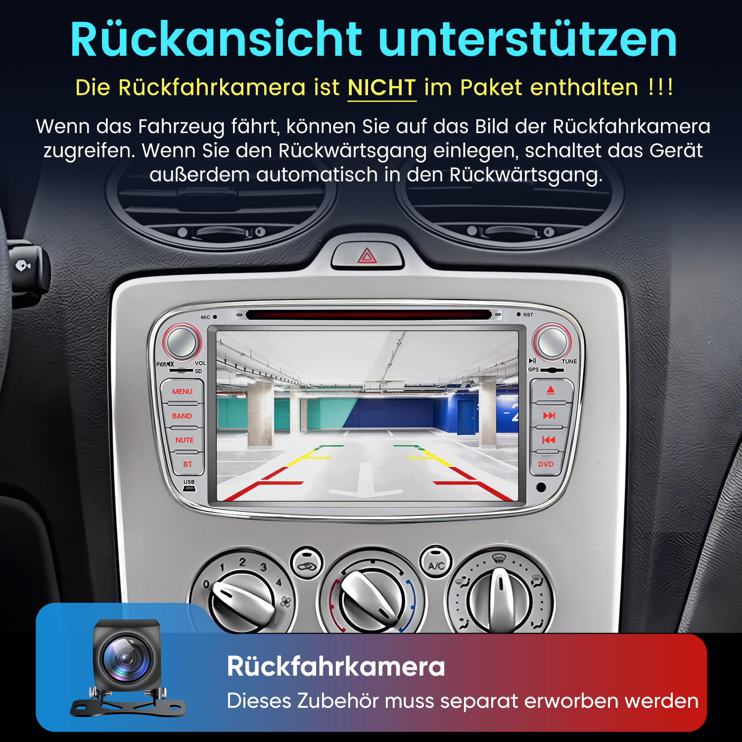 Autoinnenraum mit Navigationsbildschirm, der eine Rückfahrkameraansicht zeigt.