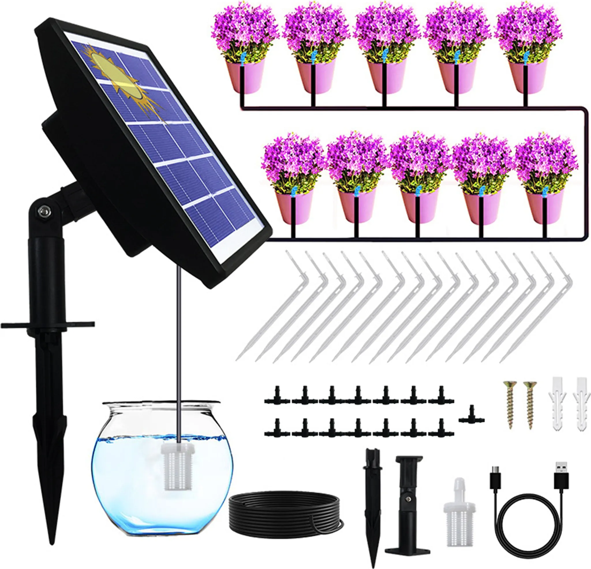 Solarpanel, Bewässerungsteile, lila Blumen in Töpfen und USB-Kabel.